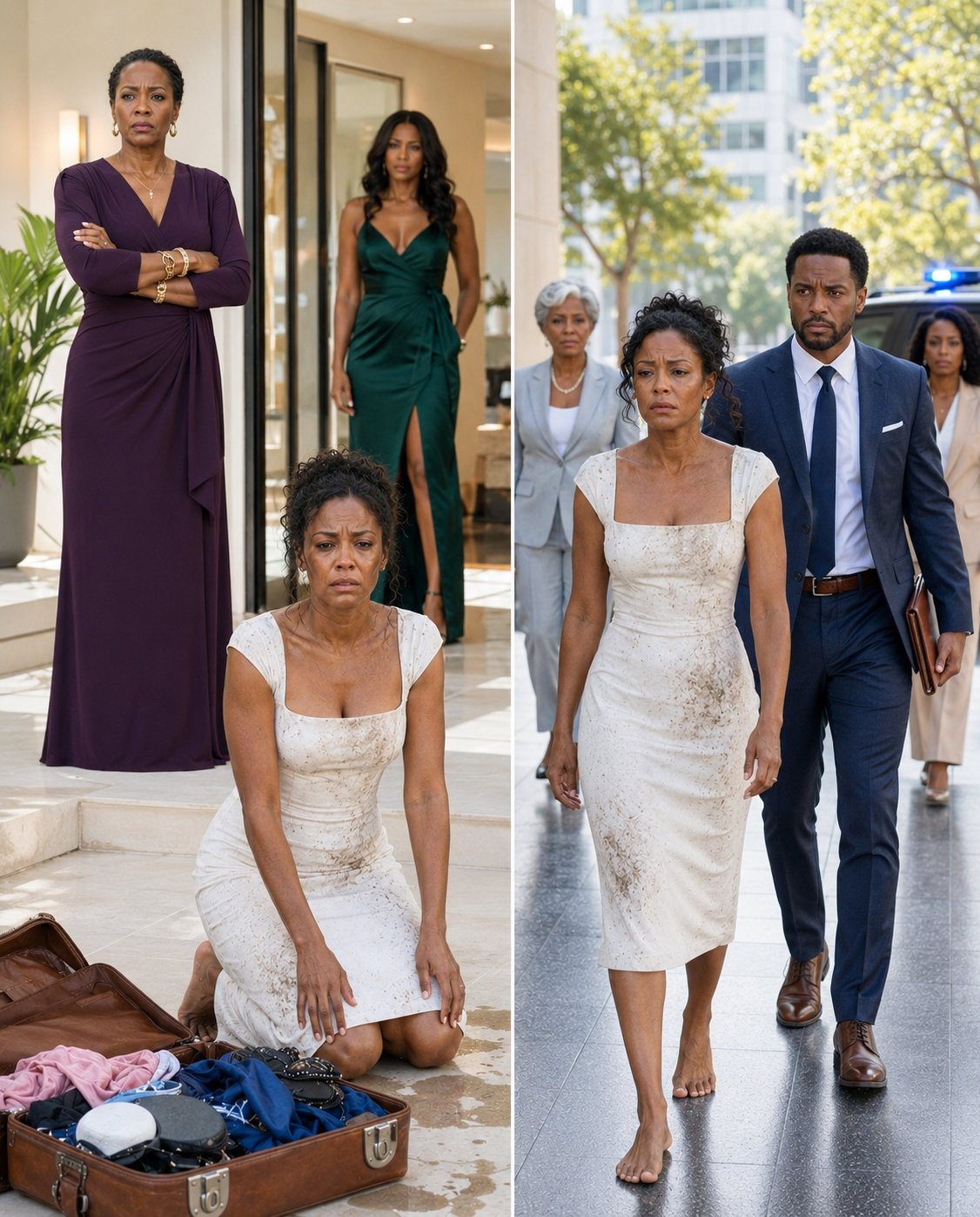 My mother pushed me into the freezing rain, and my sister threw my suitcase after me, sneering that I’d lost Dad’s estate by marrying a poor mechanic. But when three black SUVs arrived and my husband stepped out in a tailored suit, their confidence disappeared instantly.