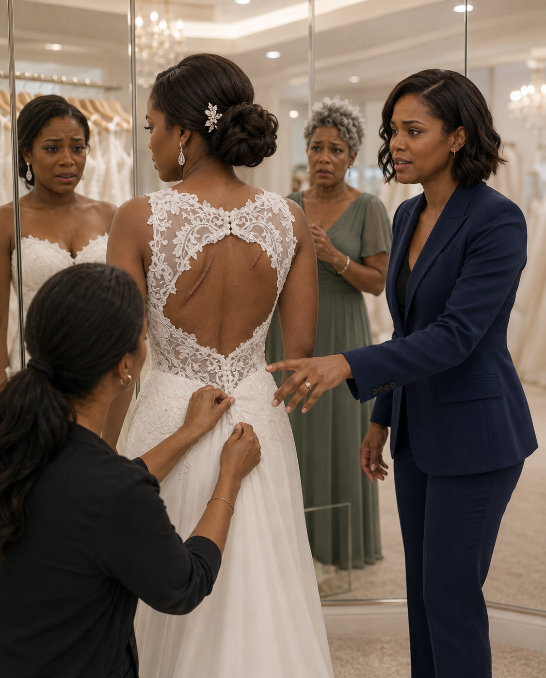 At the bridal shop, I saw fresh dark marks across my sister’s back. She whispered, “If I cancel, his father will ruin us.” I kissed her cheek and said, “Then we won’t cancel.” But by morning, the groom had no idea who was waiting at the aisle.