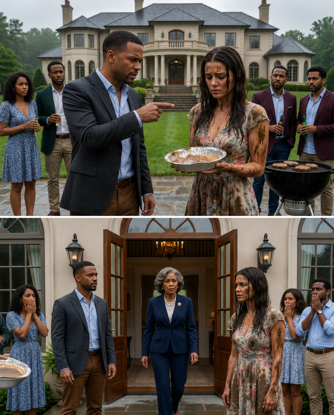 I walked into the BBQ party soaked and covered in mud, and my fiancée’s father sneered at me, “You really look like trash.” I clenched my fists, ready to turn around and leave… when the mansion doors slowly opened.