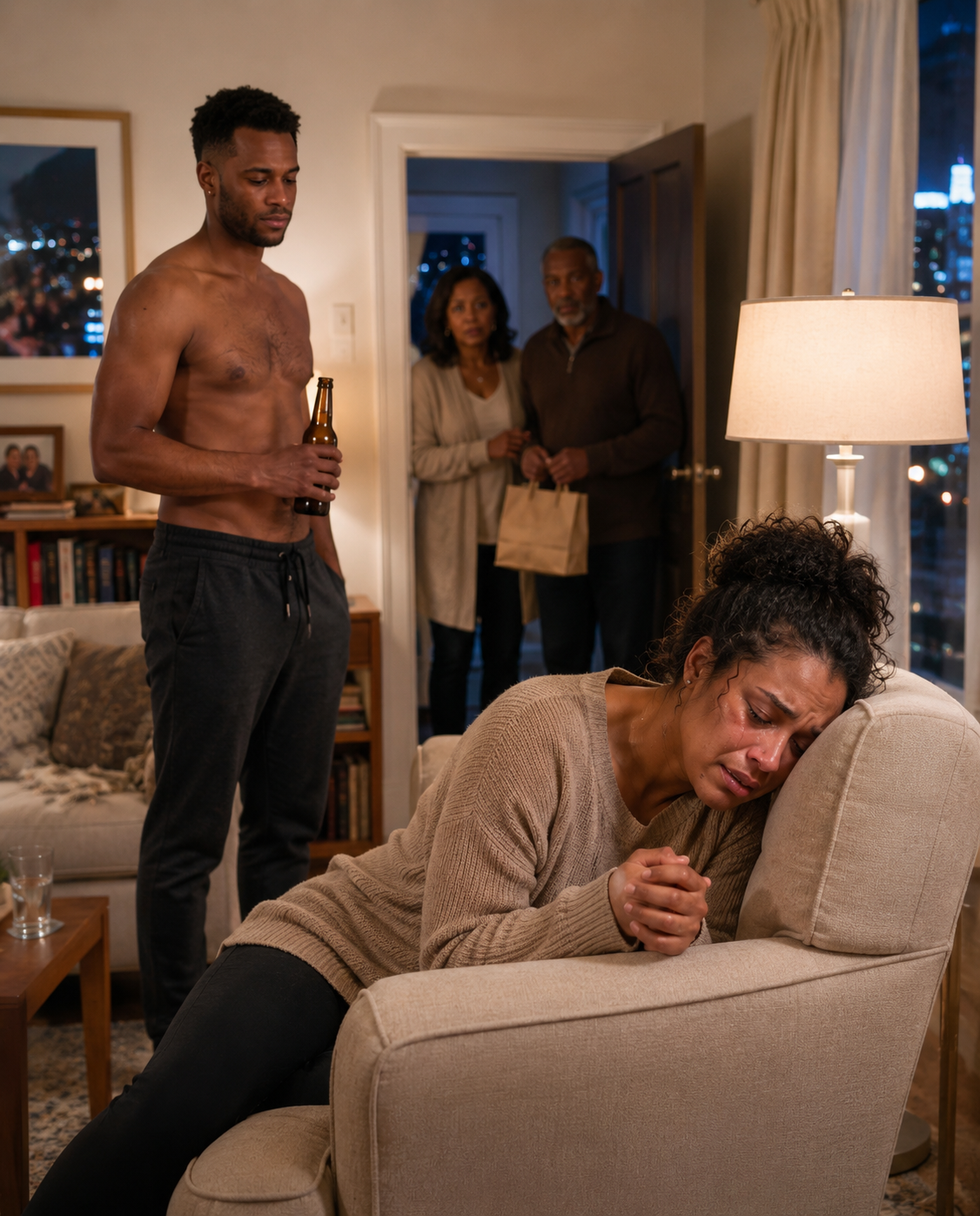 After my husband 𝕙𝕚𝕥 me, my parents noticed the ʙʀᴜɪsᴇ, stayed silent, and turned away right then. He lounged with a beer, grinning: “Such a polite family you’ve got.” But thirty minutes later, the door reopened.