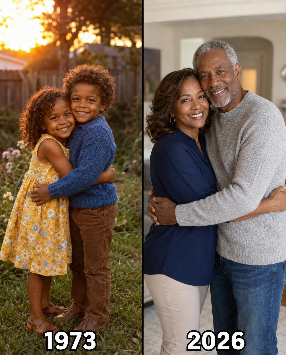 Ultra-realistic side-by-side comparison portrait collage, photorealistic African-American family life progression storytelling, cinematic realism, warm golden-hour lighting, shallow depth of field, ultra-detailed dark skin textures, realistic proportions, emotional lifestyle photography aesthetic, 8k realism. LEFT PANEL — childhood photo from 1973: In a peaceful suburban backyard garden during golden sunset, two adorable African-American children stand closely together hugging each other with joyful smiles. The little girl has warm deep-brown skin and curly reddish-brown hair, wearing a sleeveless yellow floral summer dress and brown sandals. The little boy has soft dark-brown skin and messy curly light-brown hair, wearing a textured blue knit sweater, brown pants, and casual shoes. Around them are blooming flowers, green grass, wooden fences, and softly blurred trees glowing in warm evening sunlight. The atmosphere feels nostalgic, innocent, and heartwarming. At the bottom center of the left panel is a bold white date label outlined in black reading “1973”. RIGHT PANEL — adult portrait from 2026: Inside a bright elegant modern home with soft neutral-toned walls and blurred contemporary decor, the same African-American couple now older stands together embracing warmly while smiling directly toward the camera. The mature African-American woman has smooth medium-brown skin and shoulder-length softly curled brown hair, wearing a dark navy-blue blouse and light beige pants. The mature African-American man has rich brown skin and short silver-gray hair, wearing a textured light-gray knit sweater and blue jeans. Their arms are wrapped around each other affectionately, conveying lifelong love and companionship. Soft natural indoor lighting, cozy emotional atmosphere, realistic lifestyle portrait photography. At the bottom center of the right panel is a bold white date label outlined in black reading “2026”. Vertical split-screen composition with a thin black divider between both timelines, matching emotional connection between childhood and adulthood, cinematic family storytelling, realistic photography details, highly emotional nostalgic atmosphere. Aspect ratio 928:1152.