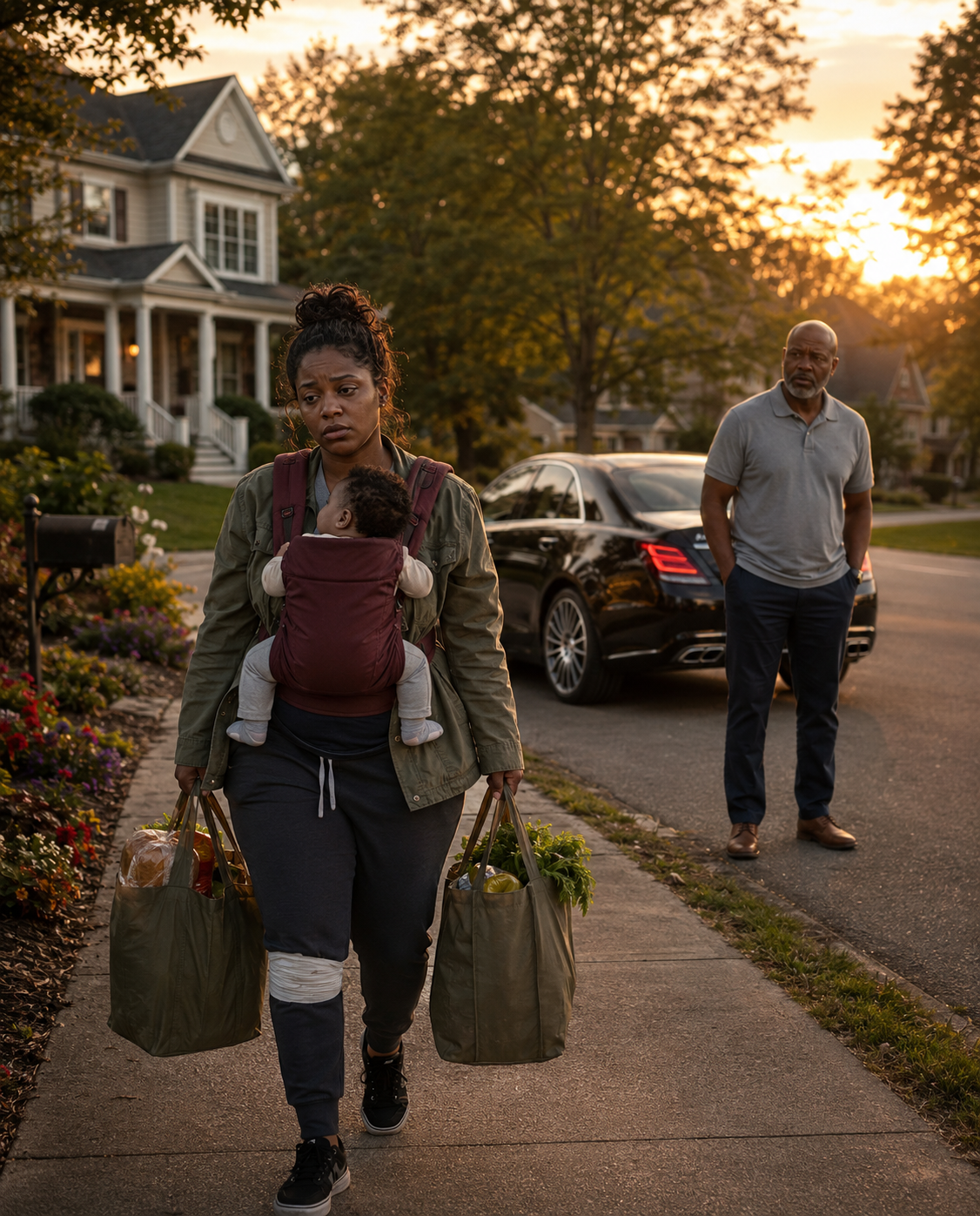 My dad saw me limping down the street, holding my baby and grocery bags, and asked where my car was. When I quietly explained that my partner’s mother had taken it and expected gratitude, his expression changed instantly.