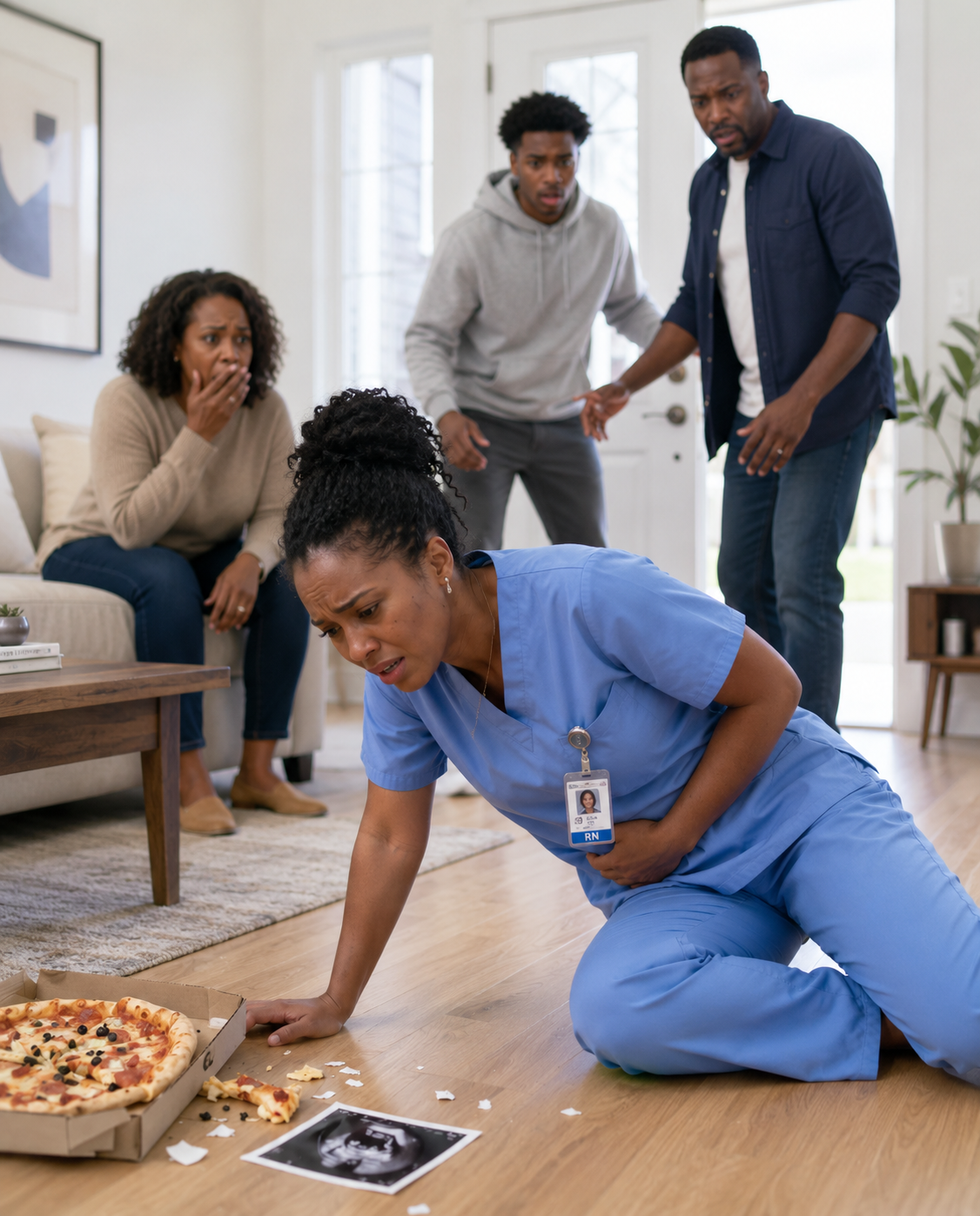 I walked in wearing hospital scrubs—still bleeding, still numb—after losing our baby in the ER. My husband didn’t ask if I was alive. He slapped me and screamed that he and his mother were “starving.” When I whispered, “I miscarried,” he called me a liar and raised his fist again. That’s when the front door shadow moved… and my father finally stepped inside. They had no idea who he really was.