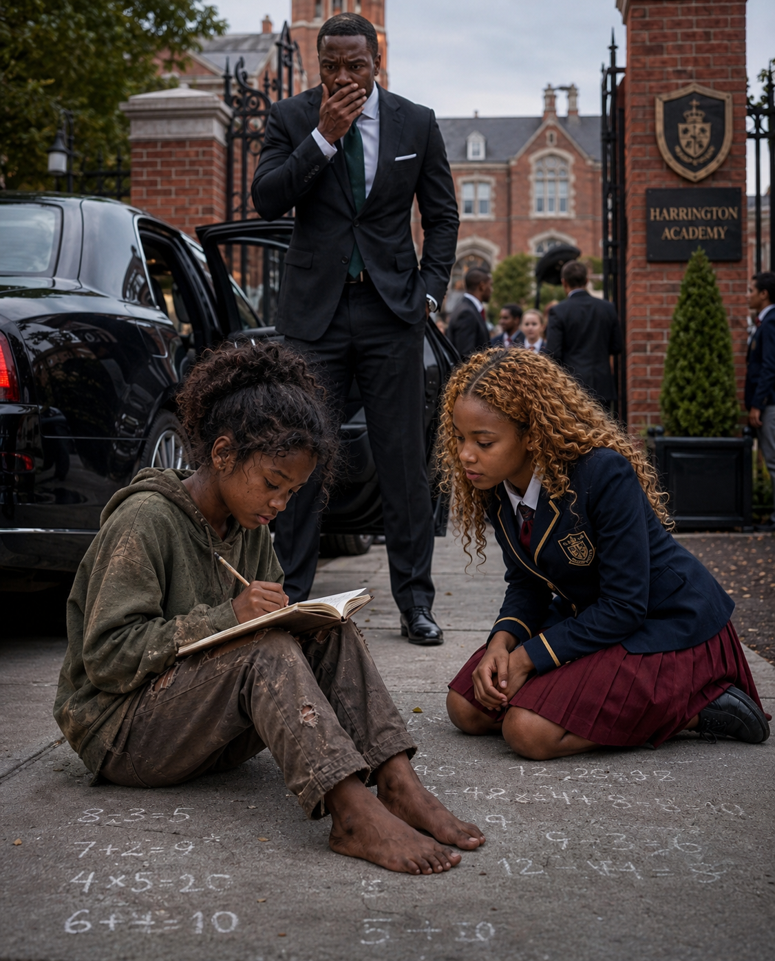 A billionaire arrived early to pick up his daughter from school—only to see a homeless girl teaching her on the sidewalk. What happened next left everyone stunned.