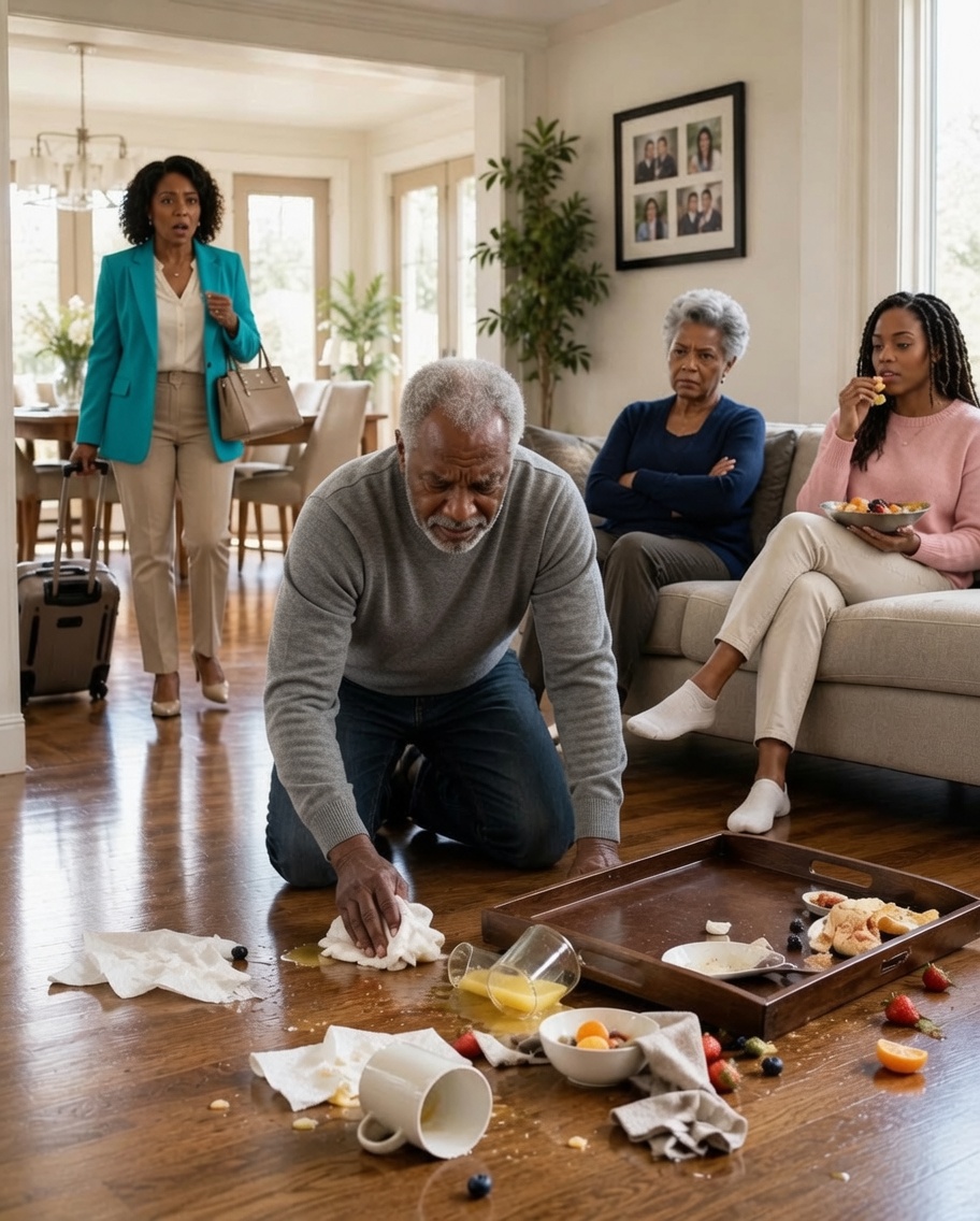 Woman returned early from a business trip and found her father kneeling on the floor cleaning, while her mother-in-law mocked him: “This house smells like the countryside.”