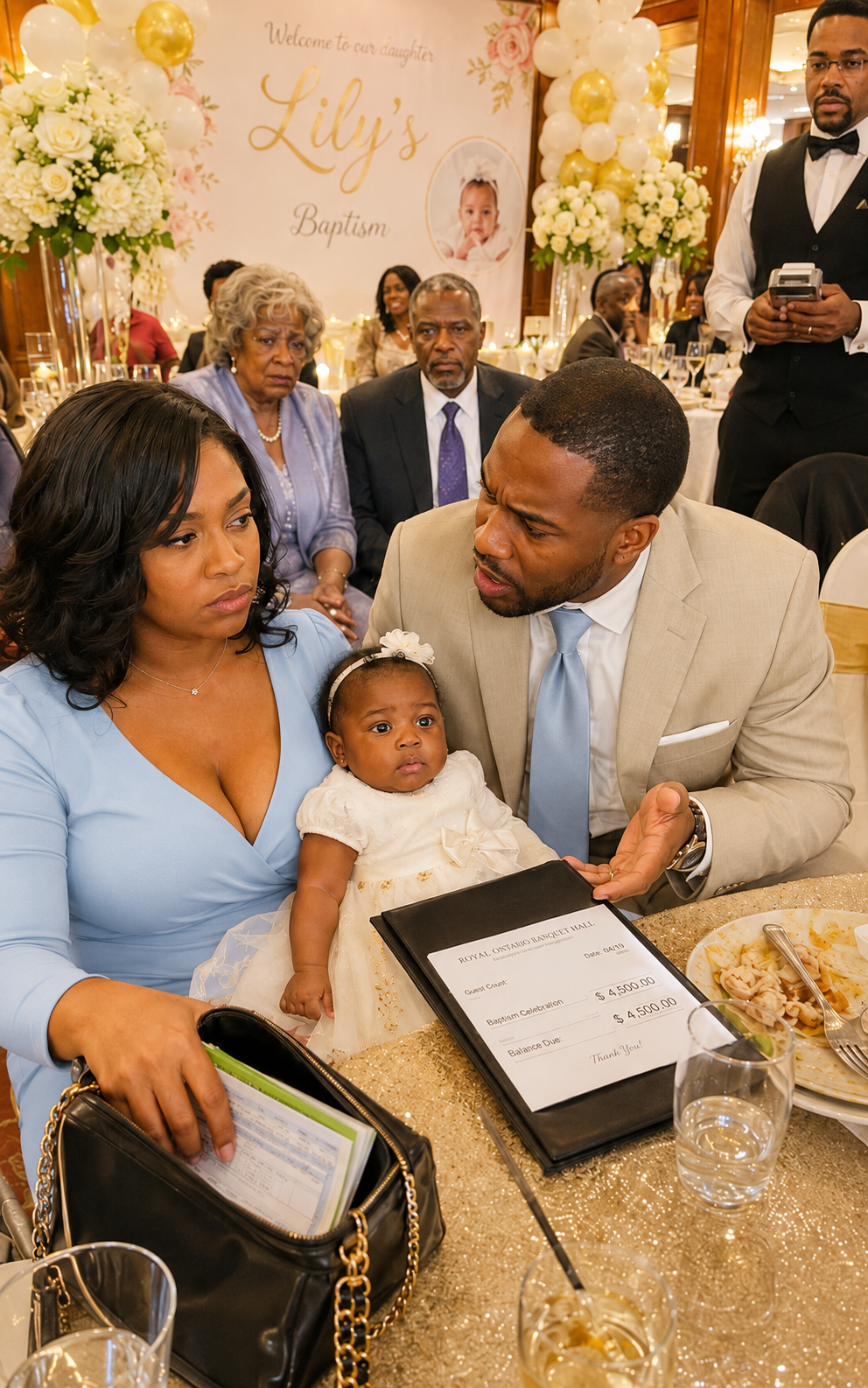 At our daughter's baptism party, my husband quietly pushed the $4,500 bill toward me and whispered, "Can you pay it with your card?" - What I discovered three days later left me speechless