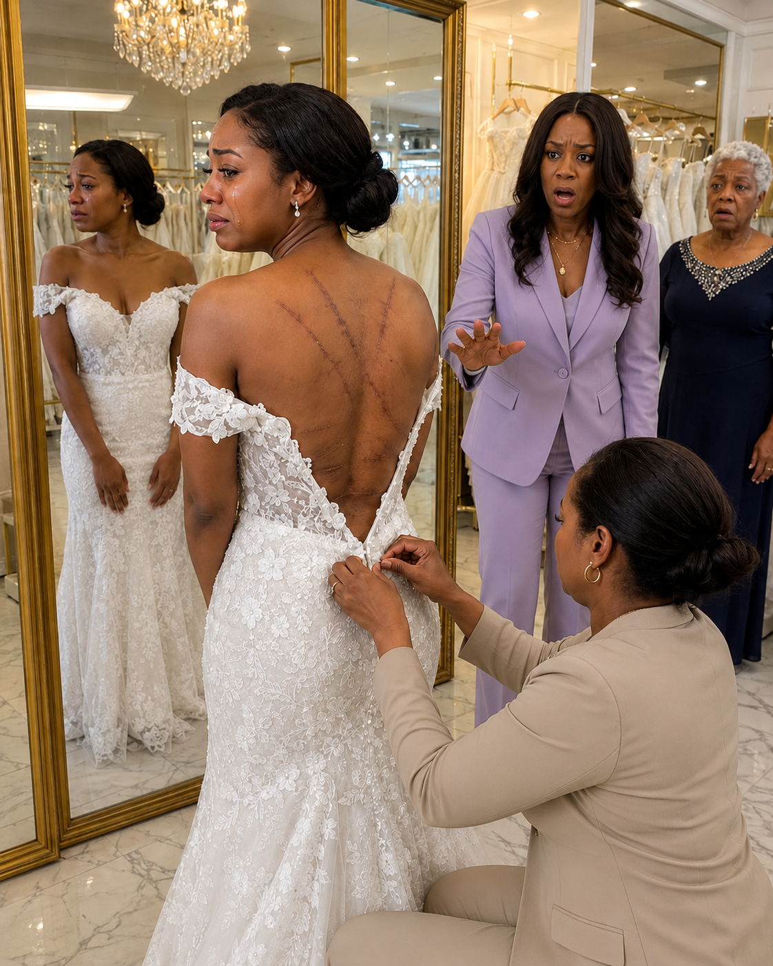 At the bridal boutique, my little sister stepped out to show me her wedding dress. But when the seamstress unzipped the back, I stopped breathing.