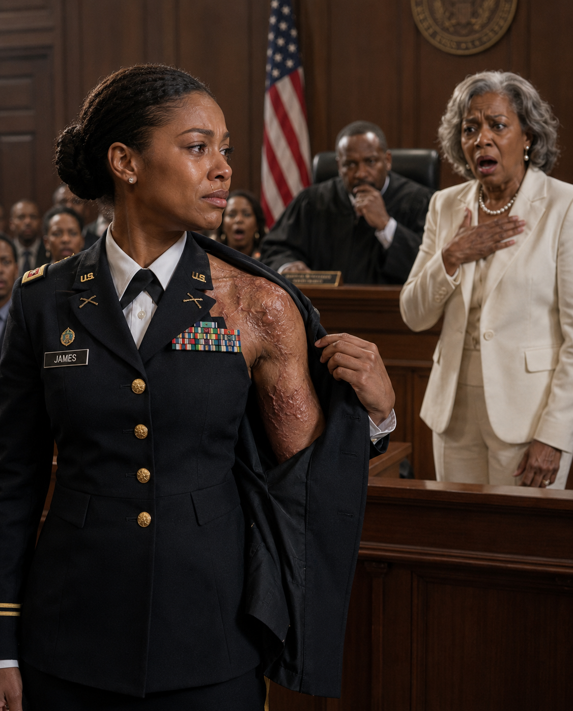 They called me a liar in front of a packed courtroom, and my own mother made sure everyone believed it. With one hand on the Bible, she looked the judge in the eye and said, “She was never a soldier. She faked the scars, the medals, all of it.” The room turned cold as every face shifted toward me with disgust. Then the courtroom doors opened, and the man stepping inside made my mother’s smile vanish.