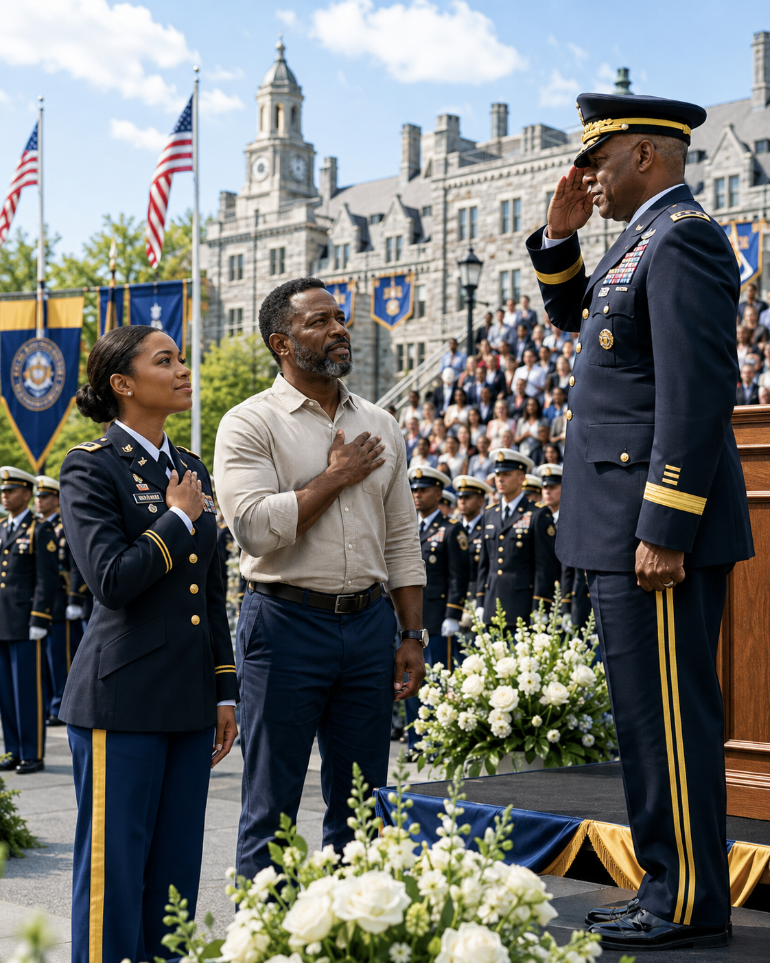 I drove eighteen hours in an old semi-truck to watch my daughter become an Army officer. But before the ceremony ended, a three-star general noticed the worn leather band around my wrist—and suddenly stopped speaking. Then he saluted me in front of thousands.