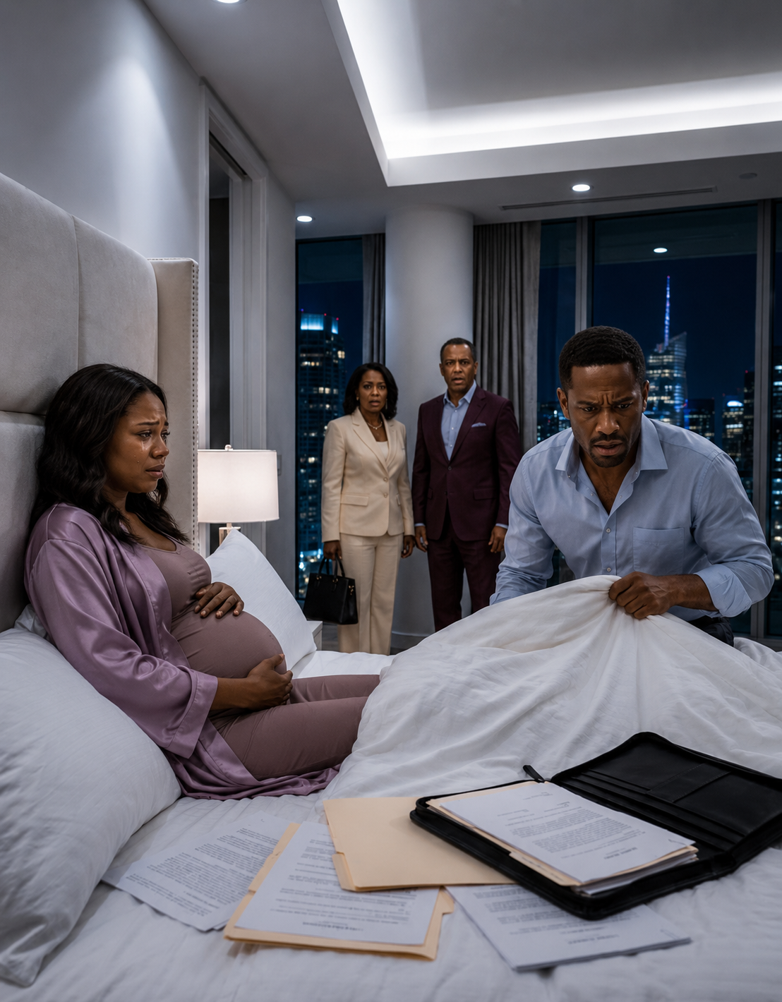 My husband lifted the blanket believing I was cheating on him, but he saw my purple legs and understood too late why I begged him: “Don’t let them take my baby,” while his own family waited outside with signed papers.