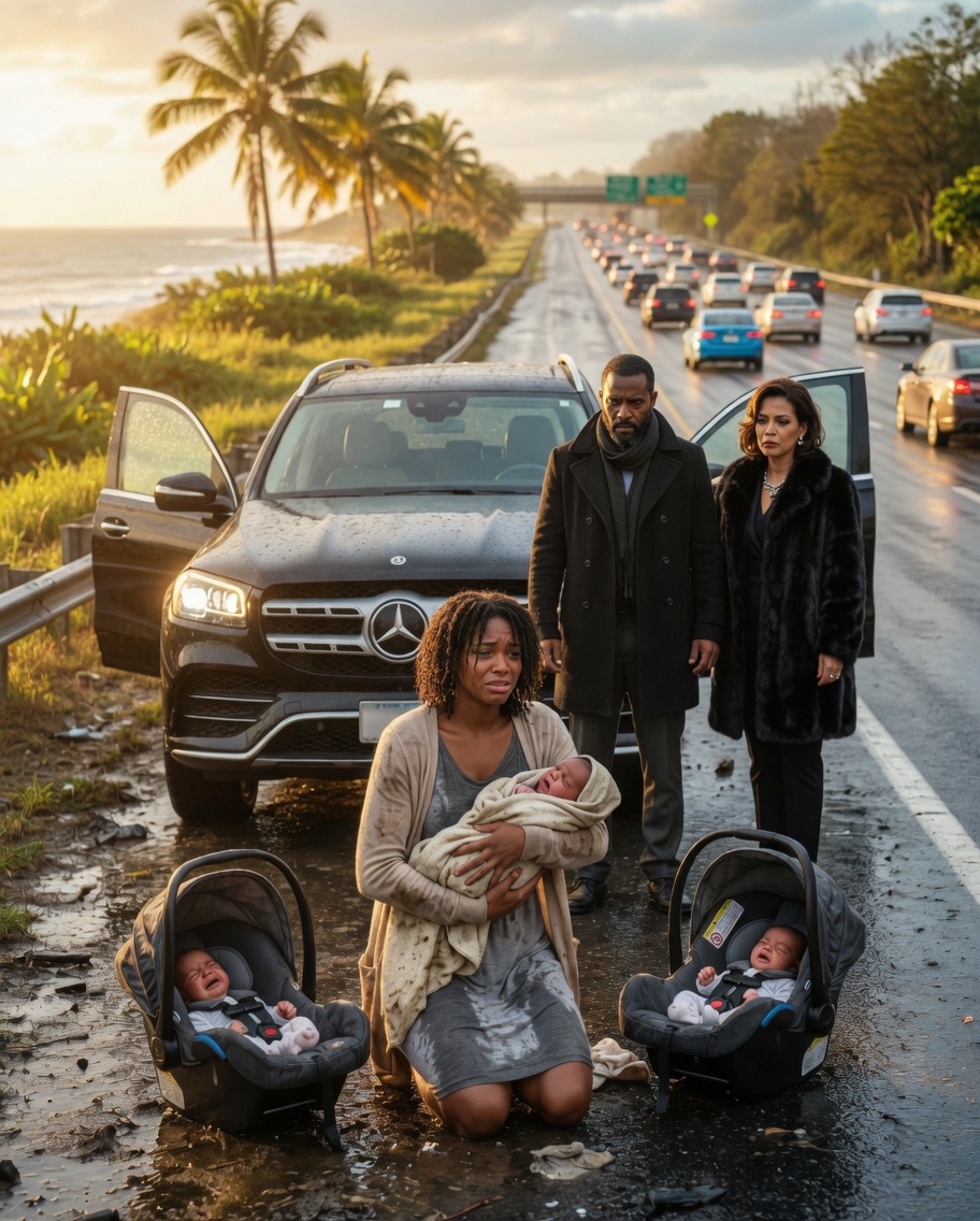 A terrified young mother knelt in the middle of a muddy road, clutching her three crying babies tightly, while a luxurious black SUV pulled up beside her