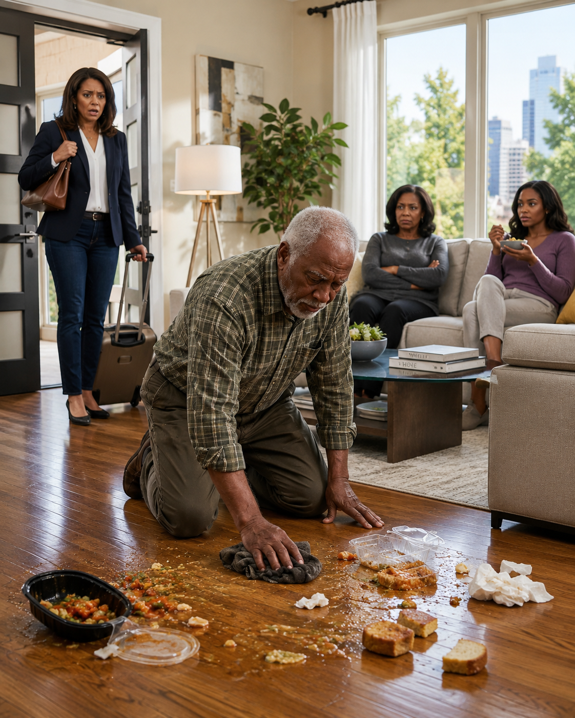 A wife returned early from a business trip and found her father kneeling on the floor cleaning, while her mother-in-law mocked him: “This house smells like the countryside.”