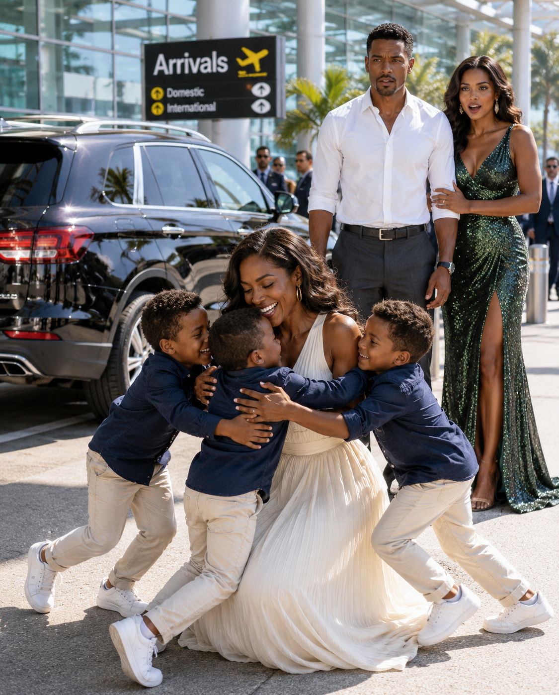 My billionaire ex-husband sat next to me on a flight just to sh3me me—until three little boys stepped out of a Bentley and ran toward me, calling, “Mom!”