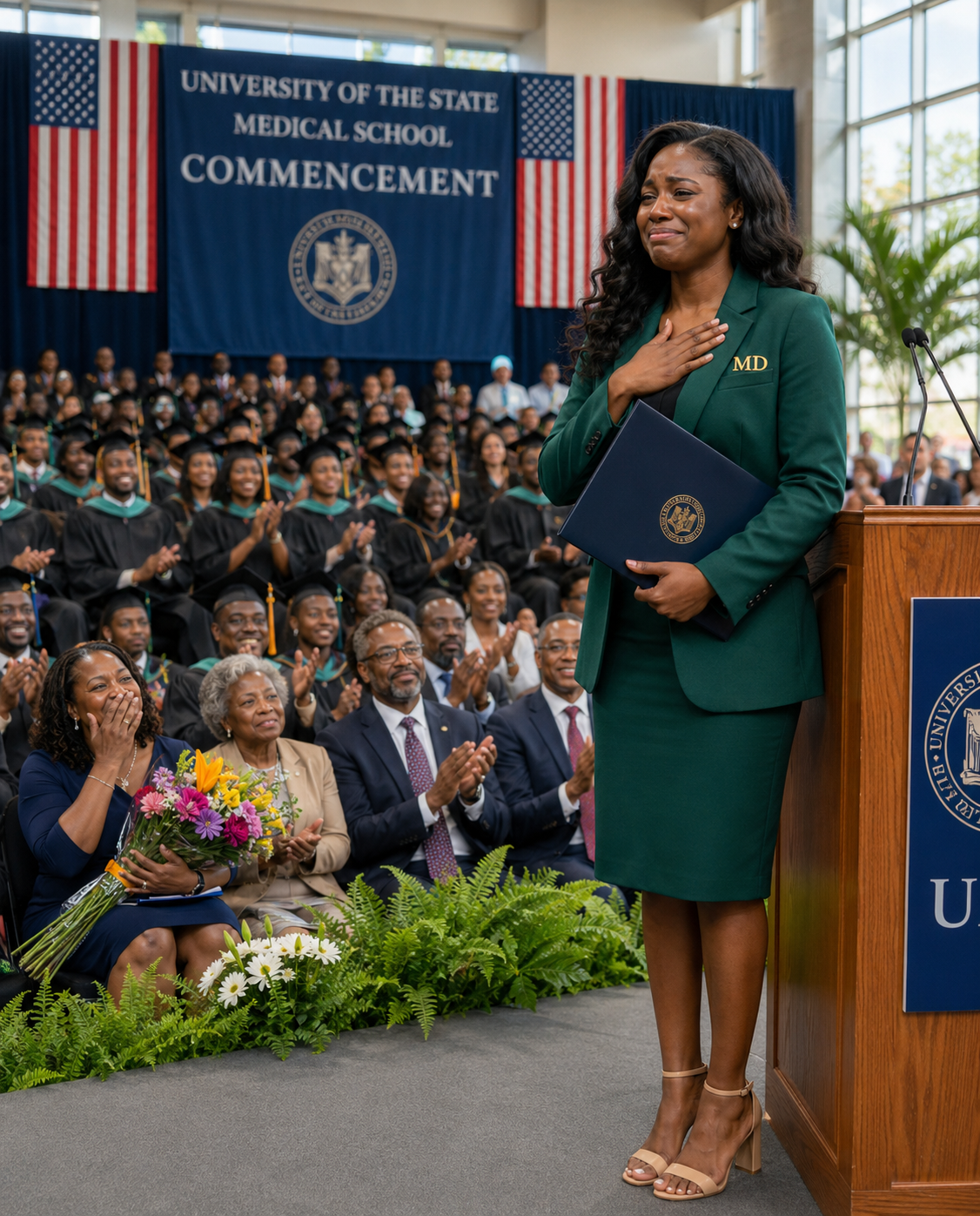 At my Johns Hopkins graduation, the parents who abandoned me in a hospital 15 years earlier sat in reserved seats and whispered, “She owes us this.” I simply adjusted my white coat and waited. Then the dean stepped to the microphone and announced a name they never expected to hear.