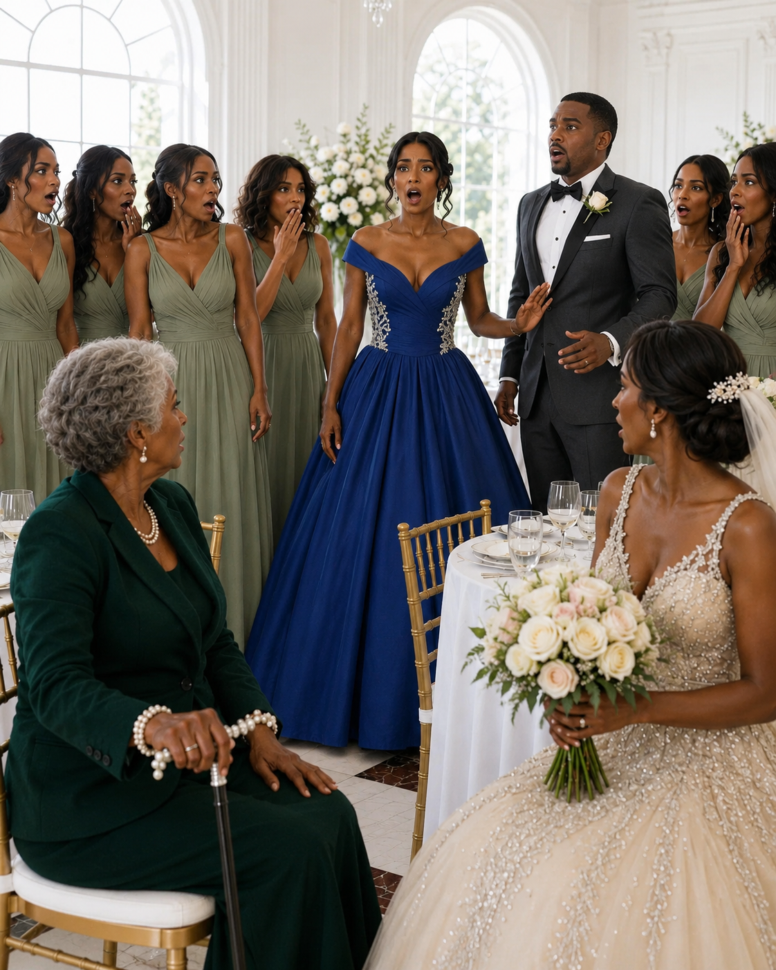 My sister dressed every bridesmaid in lavender silk, then handed me a neon orange 2xl dress and told her billionaire in-laws I was an “unstable veteran” but one question from the groom’s grandmother at the reception made her perfect wedding collapse.
