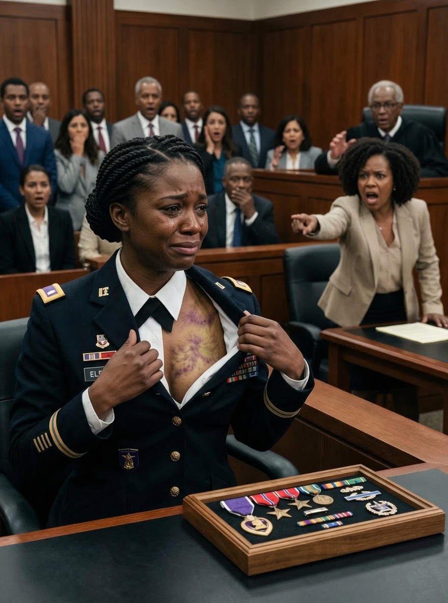 I stood frozen as I watched my own mother swear under oath that I had never served my country. She looked the judge dead in the eye, pointed at the scars hidden beneath my clothes, and claimed they were fake. Before a packed courtroom, she callously declared that I had fabricated twelve years of military service, bought my medals online, and built my entire life on a foundation of lies. The jury believed her. The reporters furiously took notes, catching every single word. Even my younger brother was smirking triumphantly, convinced he had already won. But none of them knew one thing—I was counting down the minutes. Because right outside those courtroom doors, the only people who could prove my truth were on their way. And when those doors finally fly open, my family’s ultimate lie will come crashing down.