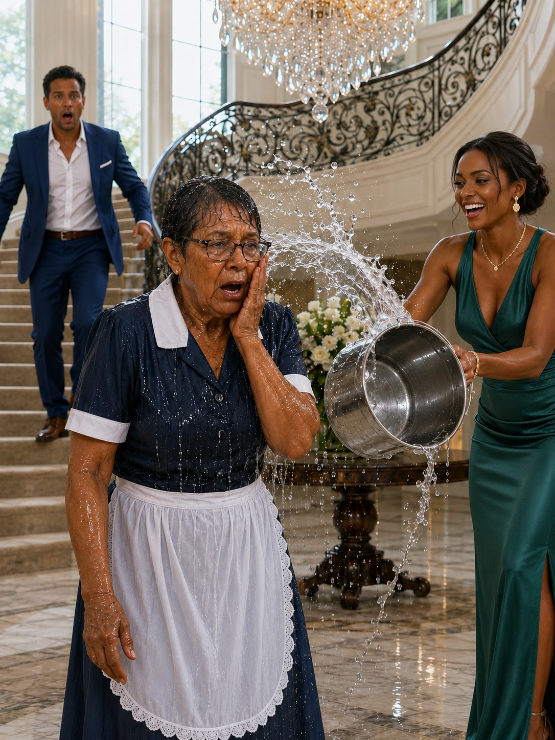I disguised myself as a housekeeper to test my son’s fiancée before their wedding. The moment she saw my worn uniform, she sneered, “You look disgusting. Someone should wash the filth off you,” before dumping a bucket of dirty water over my head. She laughed, convinced no one would believe a housekeeper. I calmly wiped my face, switched on the hidden recorder in my pocket, and called my son downstairs…