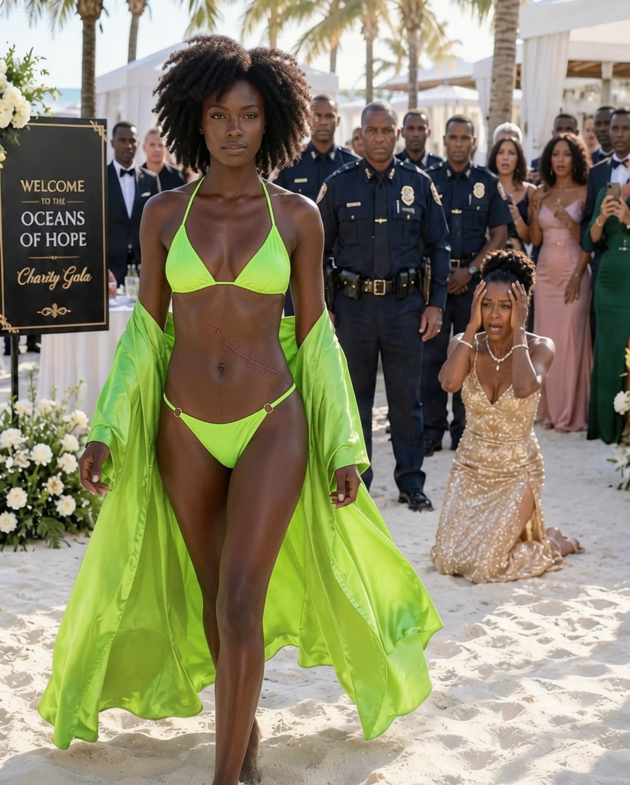 My husband’s ex hosted a $2M beach club bash, forcing me into a bikini to expose the ugly entry-wound scar on my ribs. “Look at the ghetto trash,” she laughed. I didn’t hide. The City Police Chief suddenly pushed through the crowd, saluting me. “Madam, the bullet you took for the Mayor saved our city.” The ex’s smile vanished when the Chief pulled out handcuffs and said…