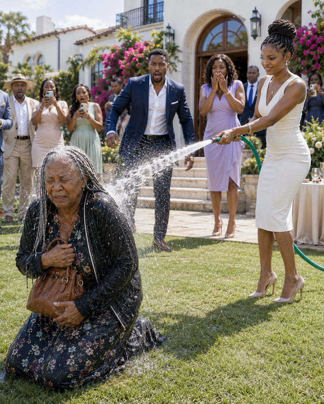 At my son’s engagement party, his fiancée bathed me with a hose in front of 30 guests and mocked me: “Beggers don’t get married here.” I just clutched my shopping bag against my chest, letting my phone keep recording, waiting for her to discover who she really was.