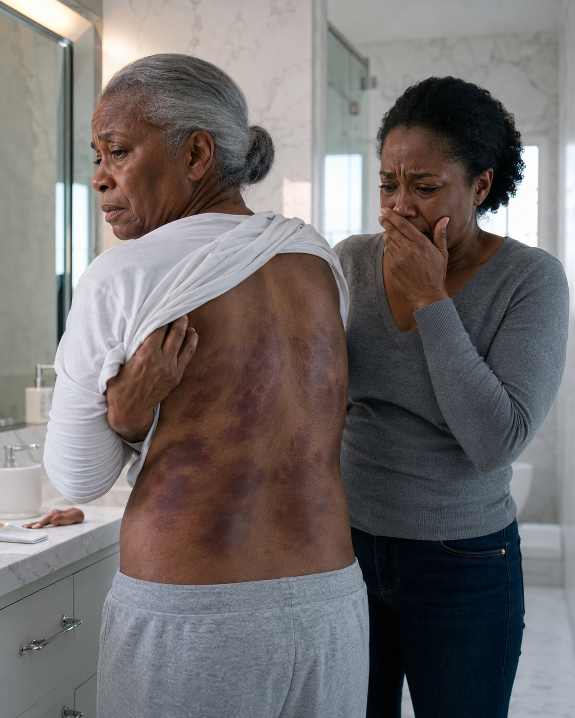 I returned home to visit my elderly mother, but when I offered to help her bathe, she suddenly pulled away in fear. “Please,” she whispered, holding her coat tightly around herself. “Don’t take it off.”