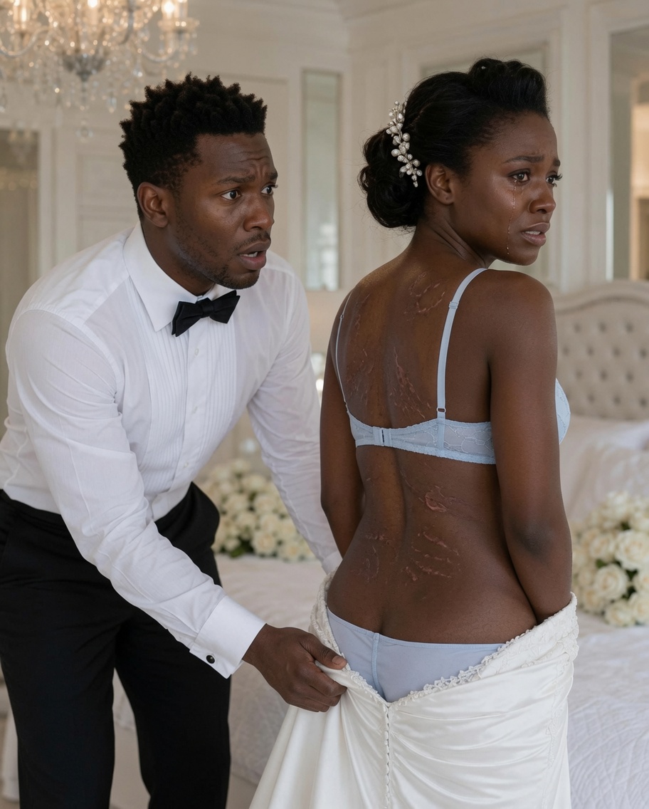 On our wedding night, I gently pulled down my wife’s wedding dress—and was stunned to see the long scars etched across her body. “Who did this to you?” I whispered. She trembled. “My stepfather. He said no one would believe me.” I kissed her forehead and made a phone call. By dawn, the police had his recording, his bank account was frozen, and the monster who had terrorized her for years was begging for our forgiveness.
