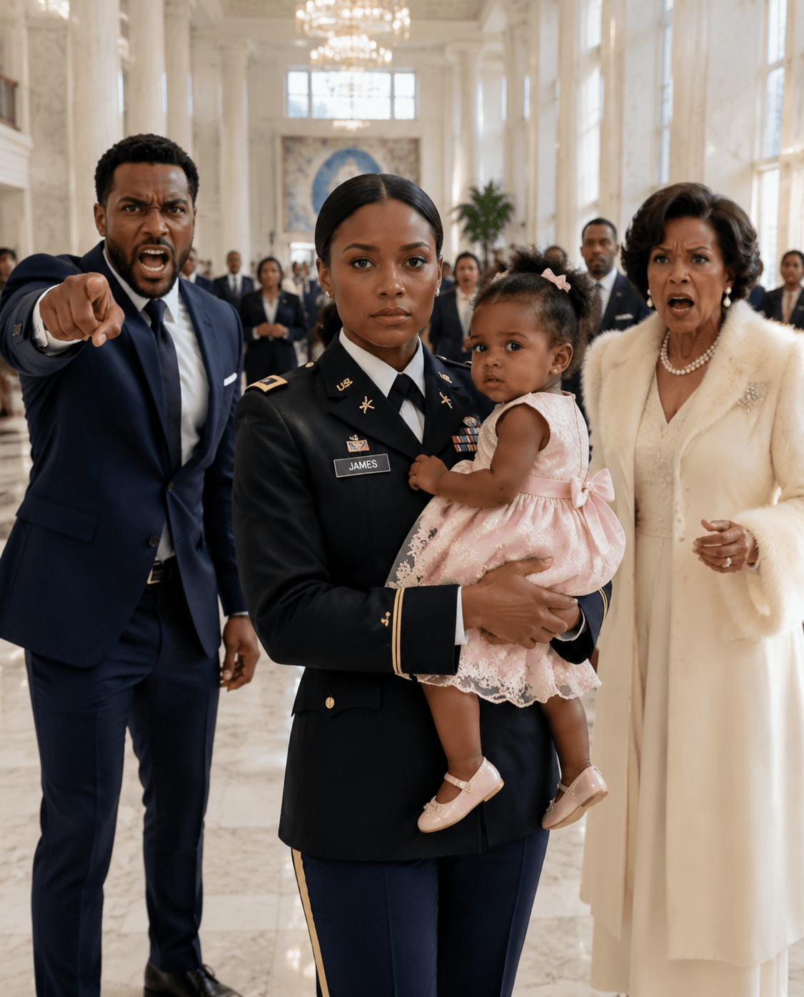 My husband texted: “Don’t be late tonight. Mom has a surprise waiting for you.” I drove home from my military base with my one-year-old daughter… smiling the entire way. But the moment I walked in… the living room was filled with relatives. Everyone was staring at me. My husband slammed a DNA test on the table. “She’s not my child.” My mother-in-law pointed at the door. “Get out of my house!” Before I could say a word… the front door opened.
