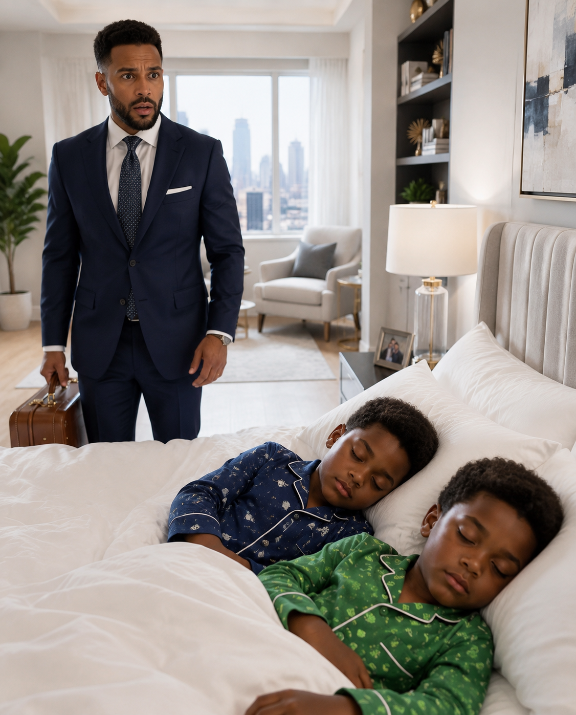 The Millionaire CEO Returned to His Presidential Hotel Suite After Midnight and Found Two Little Twins Sleeping Peacefully in His Bed—Then Their Exhausted Mother Stepped Out of the Shadows