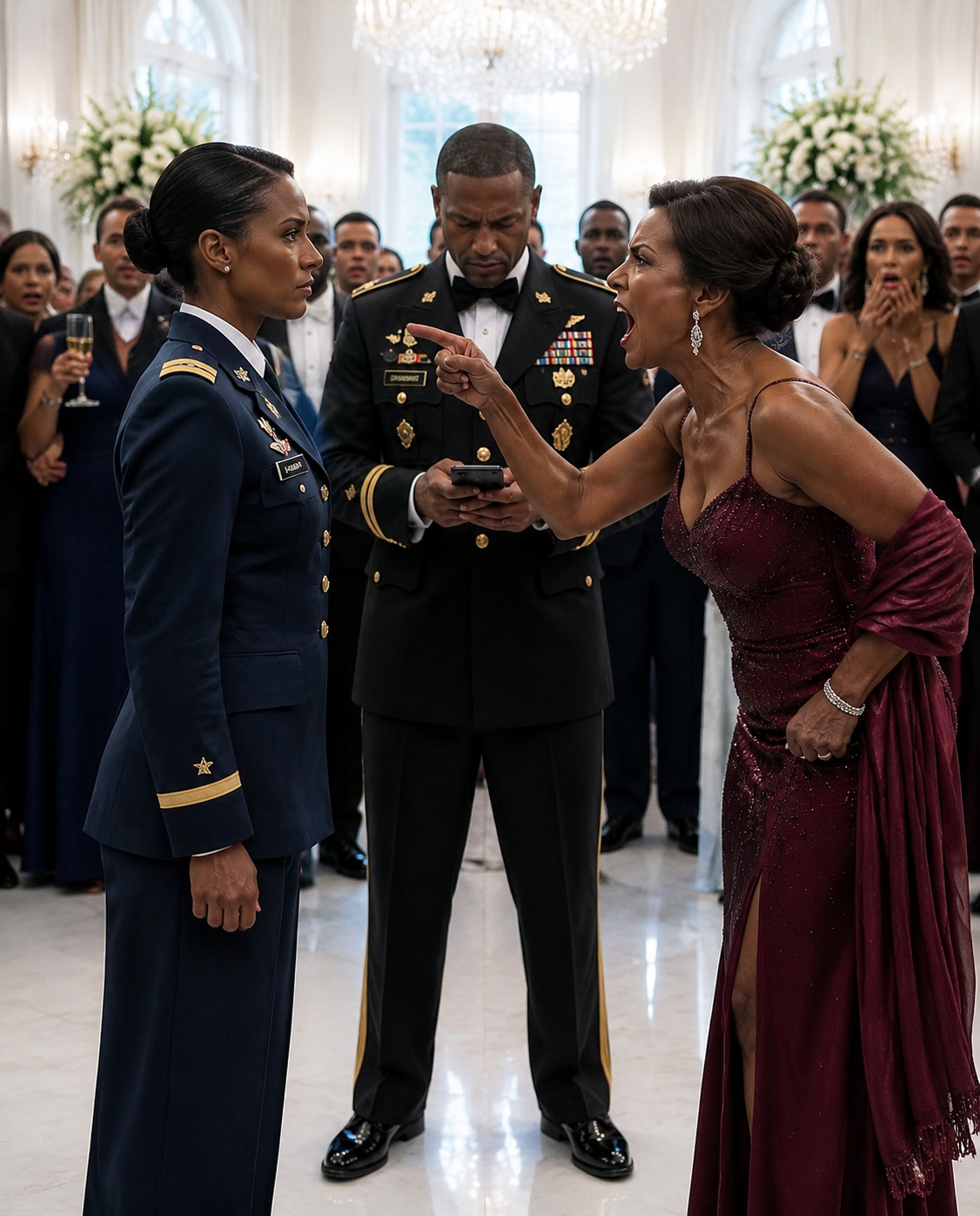 My luggage was stolen, so I wore my dress blues to my mother-in-law’s black-tie gala. She completely lost it—stopping the music to spit on my military medals and scream that I looked like “hired help” in a Halloween costume. But she didn’t know my husband was a secret millionaire sniper. Without a word, he called his banker to trigger “Protocol Zero,” looked his mother dead in the eye, and said: “I own this estate, and you’re officially evicted.” What he did to her next was absolute ruins.