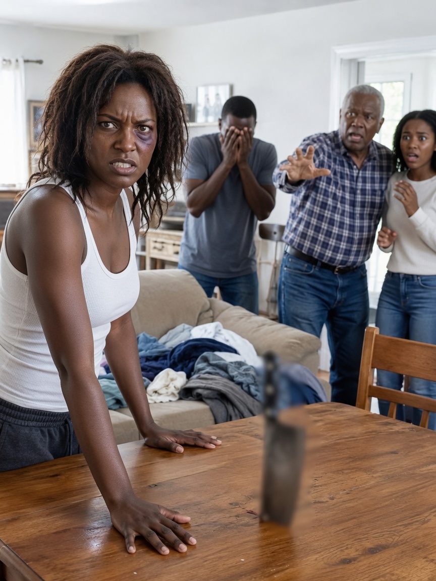 My father-in-law s:lapp:ed me because I refused to wash his daughter’s underwear. I drove a k:nife into the table and war:ned, “No one will ever lay a hand on me again,”PART 1   “In this house, my son’s wife even washes her sister-in-law’s underwear. If you don’t like it, the door is open.”  That was the welcome I received the second morning after my wedding. My name is Nicole Andrews. I was 31 years old and managed a marketing team in Phoenix. I never thought my marriage to Ryan Reynolds would start with a giant pile of dirty laundry by the sink.  Megan, my 23-year-old sister-in-law, was leaning against the wall with her phone.  “Wash my silk blouses by hand first,” she said without looking up. “And separate my things. The washing machine ruins them.”  The pile had socks, sweaty gym pants, and underwear from the whole family. I took a deep breath.  “Megan, I came here to start a family, not to be your maid,” I said. “Everyone washes their own underwear. Everything else goes in the machine.”  Mrs. Brenda Reynolds, my mother-in-law, walked in with a fake smile.  “Just do it this once, sweetie,” Brenda said, patting my arm. “She’s the youngest and she’s spoiled. A good daughter-in-law doesn’t make trouble.”  “A good family respects boundaries too,” I replied. “Megan is a grown adult.”  Brenda’s smile disappeared instantly. Then Mr. Charles Reynolds, my father-in-law, put down his coffee cup. He was a big, heavy retiree who thought he owned the house.  “Are you talking back to us already?” he yelled. “You just got here and you want to change how we do things?”  I didn’t even get to answer. His hand hit my cheek so hard I fell into a kitchen chair. My lip split open and my ear started ringing. Brenda just stood there. Megan stepped back, looking completely indifferent.  Ryan walked out of the bedroom and froze. I waited for him to say something, to protect me.  “Nicole… you shouldn’t have hidden from dad,” Ryan mumbled, looking at the floor. “You know how his temper is.”  That sentence broke everything inside me. I walked into the kitchen, grabbed a big chef’s knife, and came right back. I didn’t point it at anyone, but I slammed it hard into the heavy oak table Charles always bragged about.  The loud bang made everyone freeze.  “Listen to me,” I said, keeping my voice low and steady. “No one touches me ever again. The next time anyone hits me, I’m calling the police, recording everything, and taking you to court. I’m not your servant and I’m not your punching bag.”  Charles turned white. Brenda grabbed Megan. Ryan just stared at the cut on his precious table, looking like he cared more about the wood than my bloody lip.  I went to the bedroom, threw my clothes into a suitcase, and walked to the door. Ryan tried to block me.  “We can talk about this,” he begged. “What are people going to say if you leave two days after the wedding?”  “They’ll say your wife had the guts to leave, and you didn’t have the guts to stand up for her,” I said, pushing past him.  My parents took me in without asking a million questions. My mom cried when she saw my face, and my dad, a retired teacher, said no tradition justifies hitting a woman.  That afternoon, Brenda called everyone to say I was crazy, lazy, and had chased them with a knife. She completely left out the part where her husband hit me.  I didn’t post anything on Facebook. I just texted Ryan and asked if his mom was lying.  “Yes, she’s lying,” Ryan texted back, desperate to fix things. “She made it sound worse and didn’t tell anyone that my dad slapped you.”  I took a screenshot immediately. Then I remembered something. Weeks before the wedding, I paid for a nanny cam in the living room because that’s where the wedding gifts were. Ryan told me it wasn’t working, but the account was under my name.  I logged in from my computer and found the video. It had everything: the dirty clothes, the insults, the slap, Ryan standing there doing nothing, and my warning.  Three days later, I told the family to meet me in a private room at a local cafe. Before Charles could start lecturing me, I plugged my phone into the TV screen and hit play.  When the video finished, the room was dead silent.  “I’m filing for divorce tomorrow,” I told them. “And this is just the first thing you’re going to deal with.”  Charles didn’t know it yet, but that video wasn’t the biggest secret they had. They had no idea what was coming.  PART 2 The video changed the entire divorce negotiation. Charles stopped acting tough, and Brenda stopped pretending it was a big misunderstanding.  With my bank records, I proved my parents and I paid for almost the whole down payment on our apartment.  “We’ll sign the paperwork,” Charles muttered, looking at the table. “Just keep that video private.”  “And Megan writes a public apology to me,” I added.  They agreed because they were terrified of the footage. The divorce went through quickly without any public drama. Ryan didn’t fight it. He kept saying he loved me, but he never admitted he was just a coward.  When I got the apartment back, I packed Ryan’s stuff into boxes. At the back of the closet, I found an old wooden box with broken toy cars, old photos, and a leather notebook.