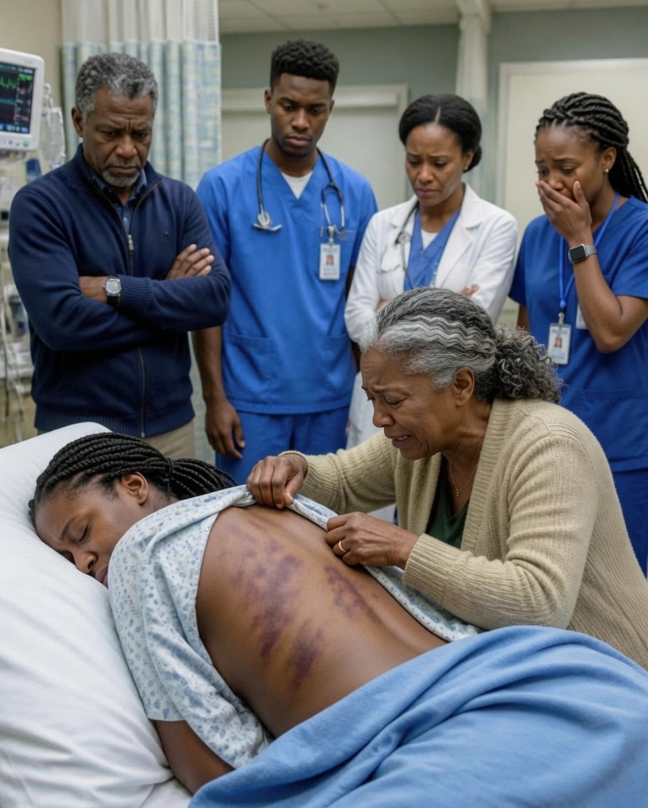 My stepdaughter arrived at the emergency room unconscious, and her father told the doctor, “She’s clumsy. She fell down the stairs again.” I lifted her sleeve and saw bruises shaped exactly like his belt buckle. He leaned close and warned, “She isn’t even your real daughter, so stay out of it.” I looked toward the security camera and replied, “She became my daughter the day I adopted her—and you just confessed in my hospital.”