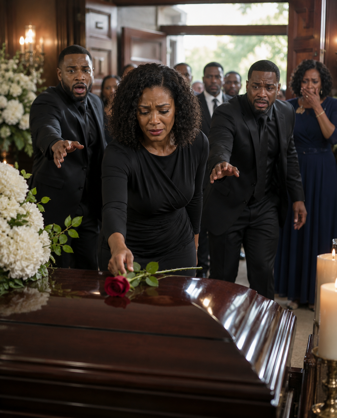 At my father’s funeral, my brothers stood beside his coffin and mocked the black dress I had borrowed. “Dad left everything to us,” the oldest whispered. “You’ll leave here with nothing.”