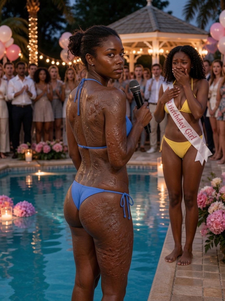 My twin sister forced me to wear a bikini at our eighteenth birthday party and laughed, “Go on… show everyone the monster you’ve been hiding under that robe.” Nearly two hundred guests raised their phones, expecting the humiliation of the year.