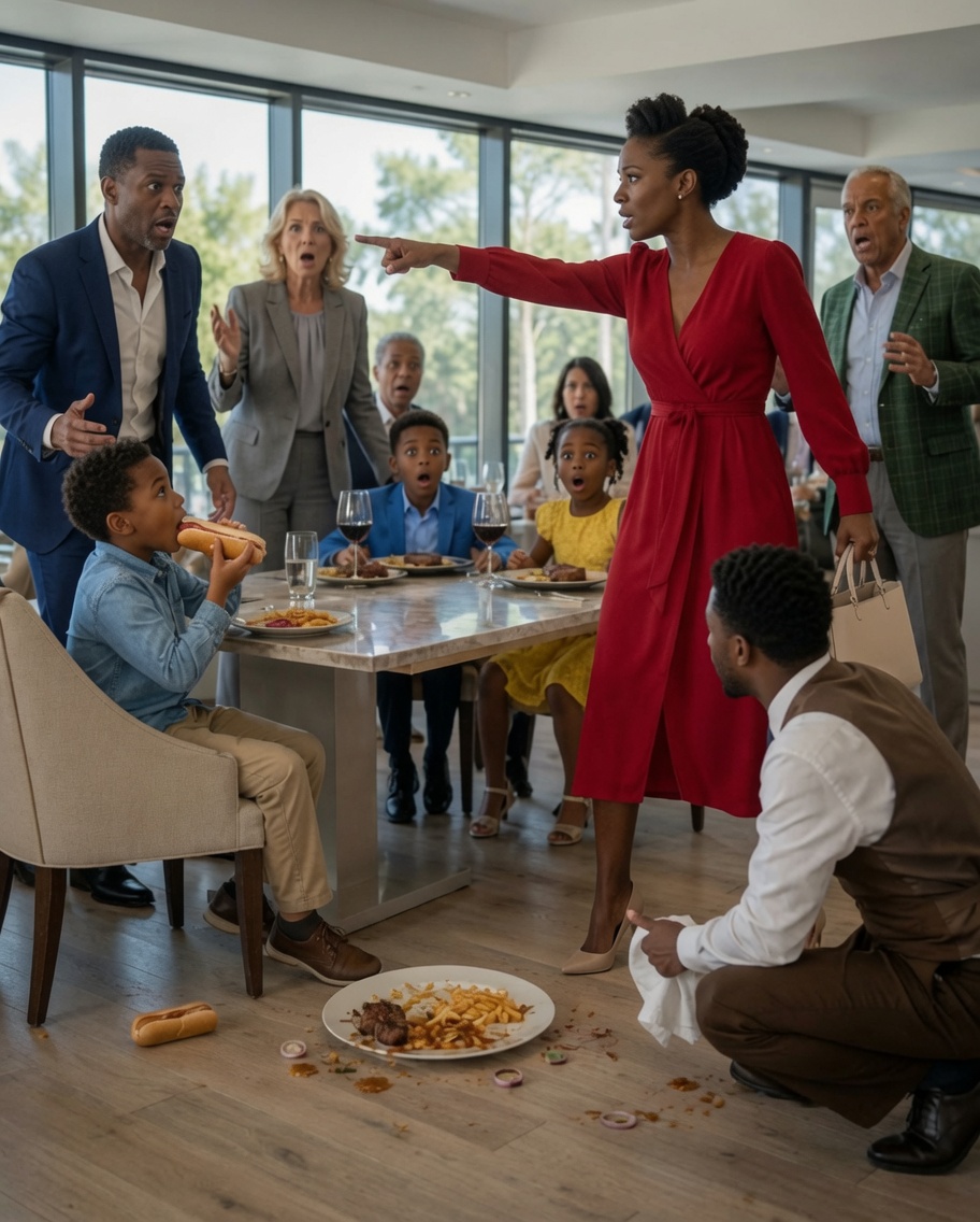My brother gave my son a hotdog while his kids ate $120 steaks, and mom told me I should have packed food, so when the waiter returned, I stood up and made one announcement that silenced everyone…