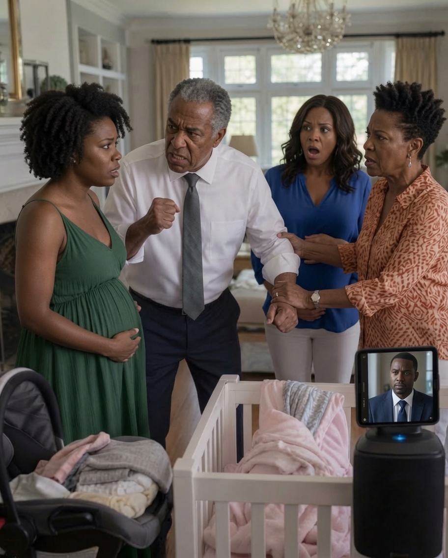 My sister announced her pregnancy and my parents immediately decided she deserved my unborn daughter’s crib, clothes, car seat, and home. When I refused, my father charged toward me—and as my mother held my wrist, my husband’s voice suddenly came through the speaker.