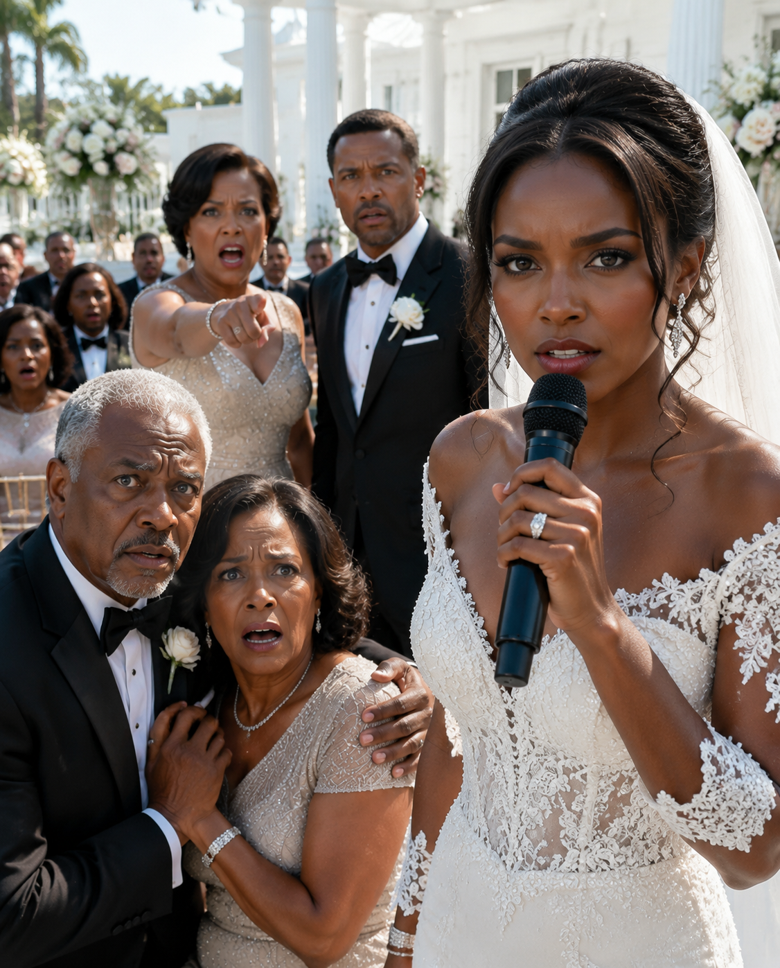 At my wedding, my mother-in-law looked my parents up and down with disgust and scoffed, “I’ve never seen such a miserable, poor family.” Then she pushed them into the pool, laughing, “Time to rinse off that smell of poverty.” My fiancé never lifted a finger. I walked to the microphone and said, “The wedding is canceled—and by tomorrow morning, your family empire will collapse.” Then I placed one phone call.