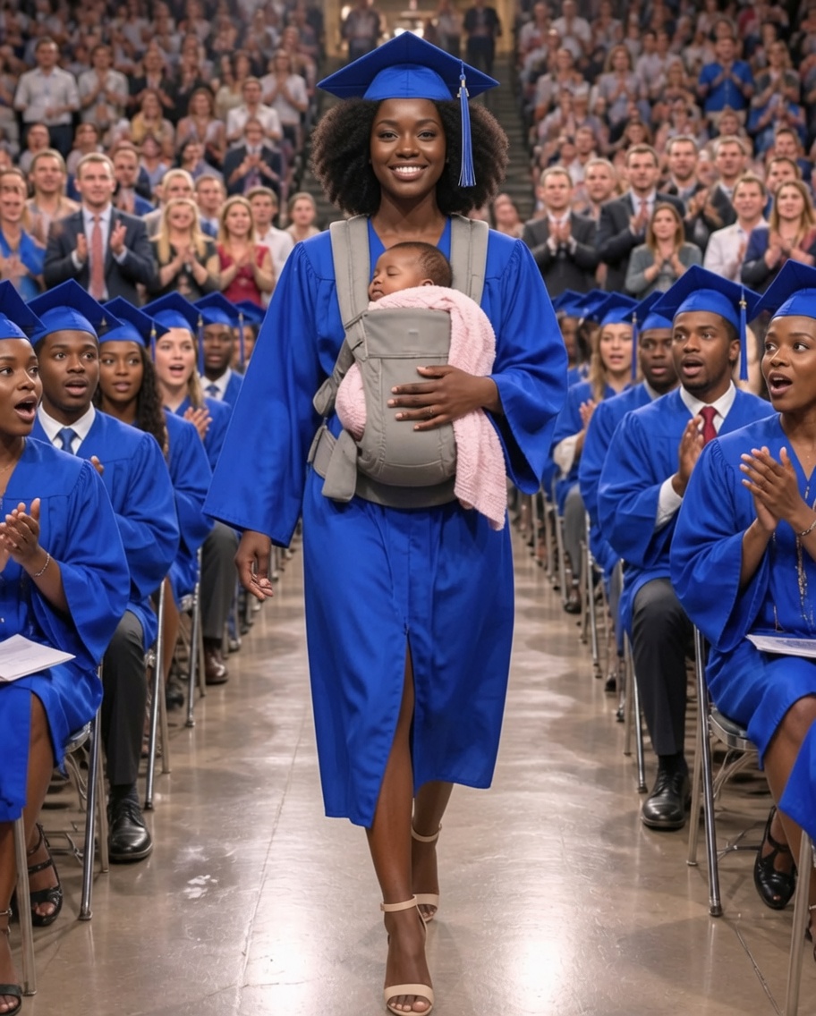 They started laughing the moment my daughter walked onto the graduation stage with a newborn in her arms. Someone sitting behind me even muttered, “Just like his mother…” But what she said next silenced the entire room.