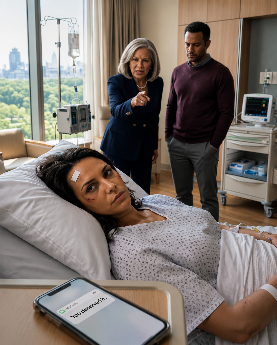 “You deserved it,” my husband texted after a confrontation with his mother left me in a hospital bed. They thought I would stay quiet… that I had nowhere to go and nothing I could do. The next morning,