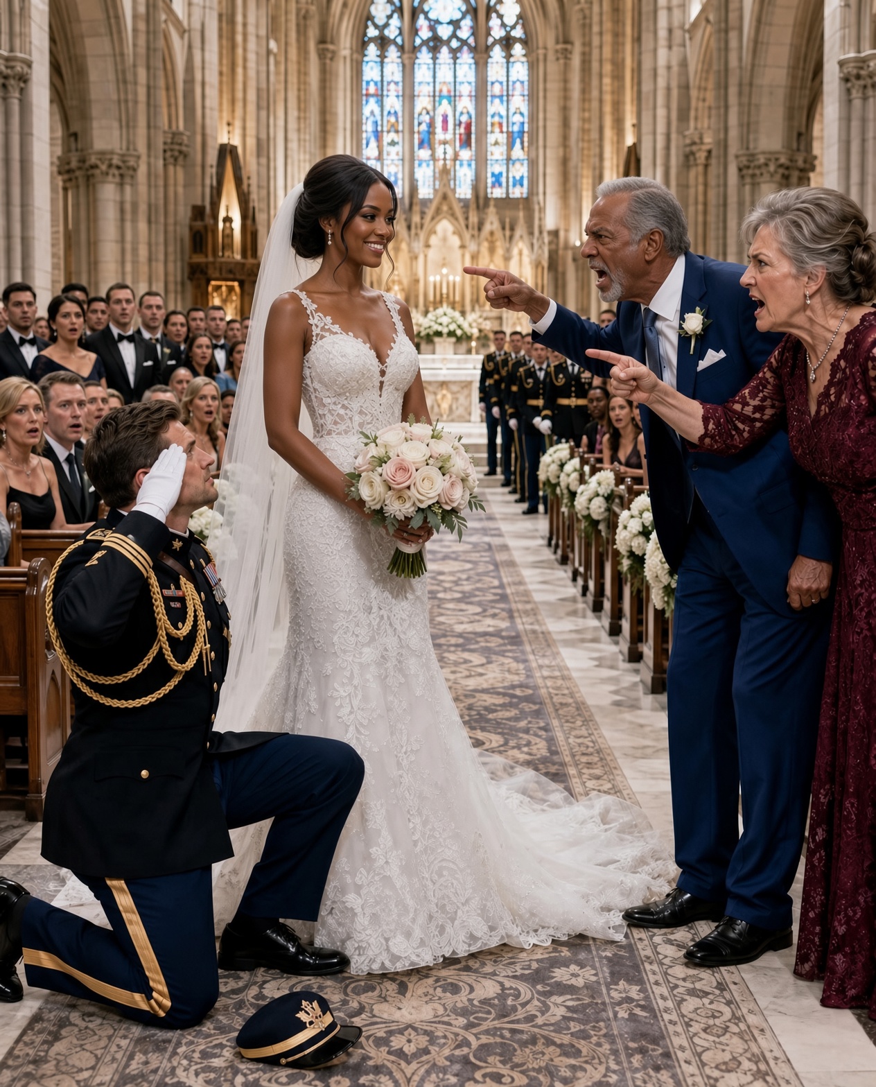 My dad laughed and told me to walk myself down the aisle because I was marrying a nobody. Mom sat beside him in the back row while I walked alone, gripping my bouquet. Then the chapel doors opened, and thirty veterans in pristine military Dress Blues lined the aisle before one faced my father and said, “Sir—”