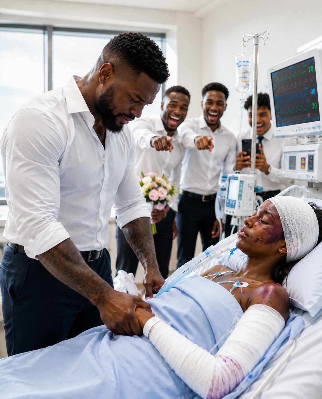 The three wealthy young men who sm.a.s.h.ed her daughter’s face m0cked her… until they found out who the silent man by her bedside was.