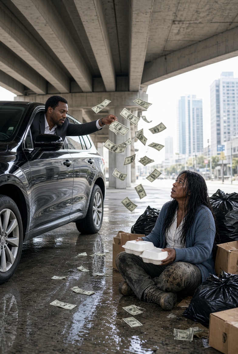 I Came Back to town in My Luxury SUV and Saw My Ex-Wife Searching Through Trash for Bottles Beneath a Bridge. I Rolled Down the Window, Tossed $500 Into the Mud, and Mocked Her, “Did the Millionaire Finally Abandon You?” She Didn’t Pick Up the Money. She Simply Looked at me and kept walking.