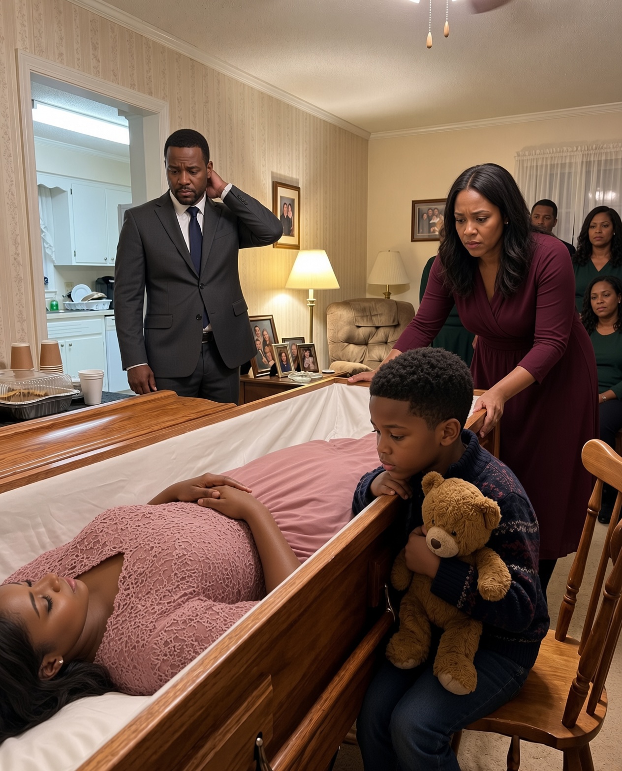My eight-year-old nephew stayed beside his mother’s casket throughout the entire wake, refusing to move as he kept whispering, “Please don’t close it yet… Mom told me to wait until I heard the sound.” Everyone assumed grief had left him confused and cli:nging to her final words. But just before midnight, a faint vibration suddenly came from somewhere inside the dress my sister had been buri:ed in—and the entire room went silent.