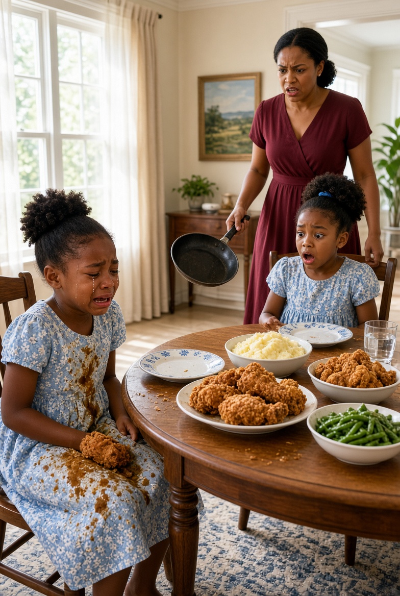 My four-year-old daughter and my niece accidentally wore almost identical dresses to Sunday dinner, and both girls were delighted. My older sister wasn’t. She demanded that I change my daughter, then lost her temper at the table and hur:led a skiIIet of fri:ed chicken toward her. But while my terri:fi:ed little girl clung to me covered in sauce, my mother didn’t blame my sister. She looked at me and said, “I told you to change her dress.”
