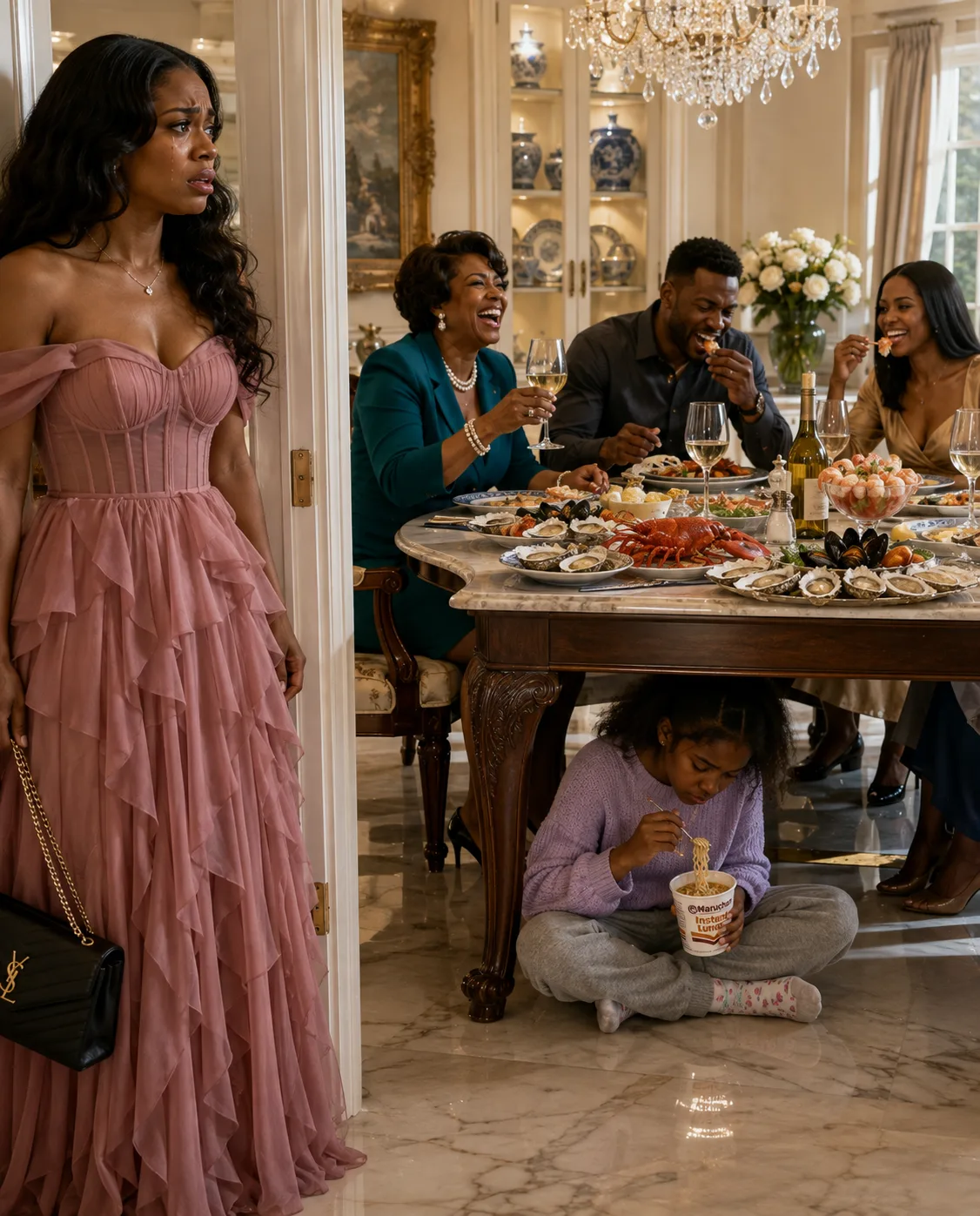 I came home from work to a lavish family dinner—only to find my 11-year-old daughter hiding in the kitchen, eating noodles. “Grandma said we don’t deserve what they have,” she whispered.