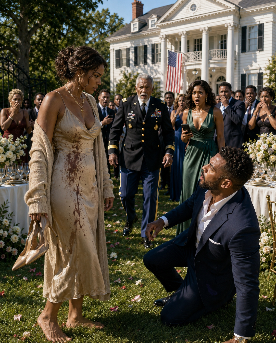 At my sister’s Virginia engagement party, her fiancé threw wine across my dress and told me women belonged in the kitchen while my own family laughed. I quietly slipped off my heels and stepped onto the grass—unaware that the retired Army surgeon near the catering tent had just recognized the scorched identification tags beneath my torn collar.