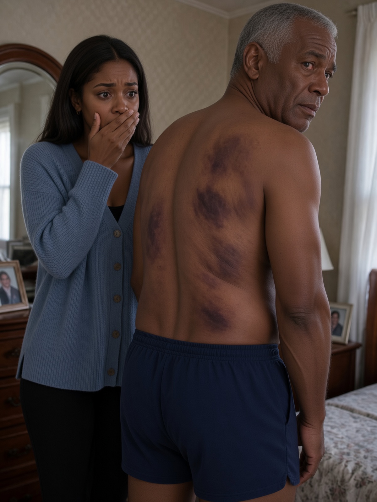 I came home to visit my elderly father, but when I offered to help bathe him, he shrank back in terror. “Please… don’t take off my coat,” he pleaded, his body trembling. The moment I carefully slipped it from his shoulders, I saw dark bruises and rope marks covering his fragile skin.