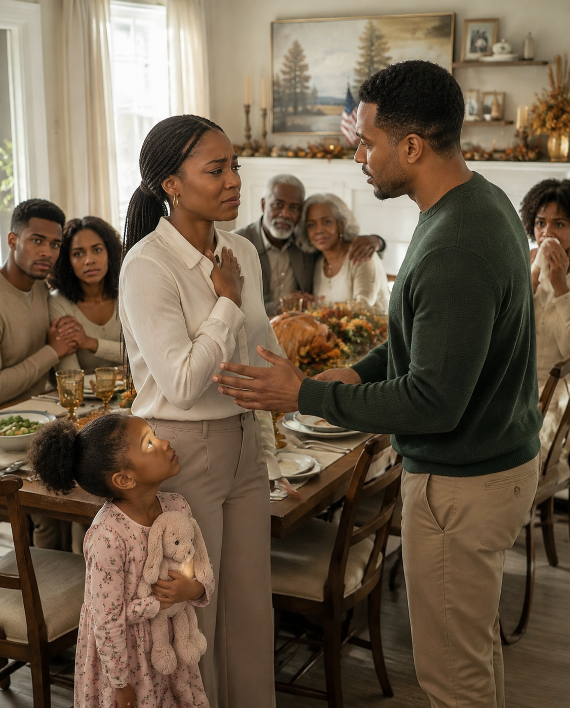 At Thanksgiving dinner, my sister-in-law sc0lded my daughter for refusing to give away her toys, then led her away from the table in front of everyone. My husband stood there without saying a word, as if nothing important had happened. I quietly rose, took my daughter’s hand, and met his eyes. “You had one chance to stand up for your child,” I said. “From this moment on, I’ll make sure she’s safe, with or without your help.” The entire room fell silent—and by the following morning, my husband finally understood exactly what I meant…