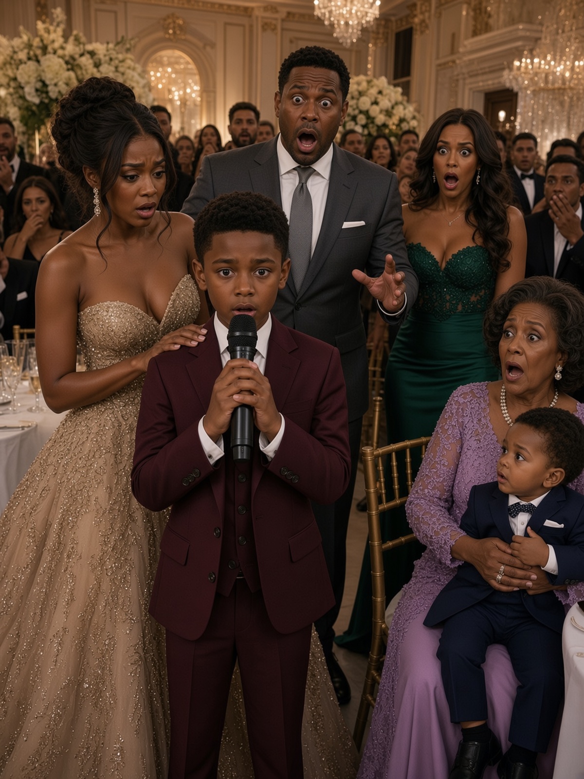 My husband brought his mistress and their secret child to my mother-in-law’s birthday party. In front of the entire family, he looked at me and said, “You don’t belong here anymore.” I was about to respond when my 10-year-old son stopped me, grabbed the microphone, and pulled out a USB drive. Seconds later, my husband realized the trap he had set for me could destroy him instead.