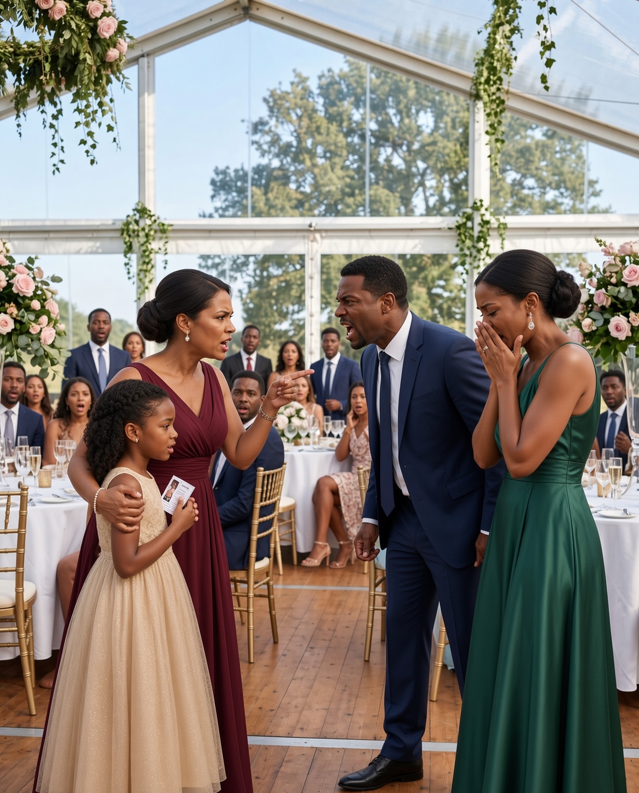 Five years after our divorce, I ran into my ex-husband at a wedding. He mocked me openly while his new partner stood beside him, smiling at my humiliation. I stayed calm and refused to respond, until a little girl suddenly rushed toward me and cried, “Mommy!” The moment she heard that word, my ex’s partner stopped smiling and went completely pale.