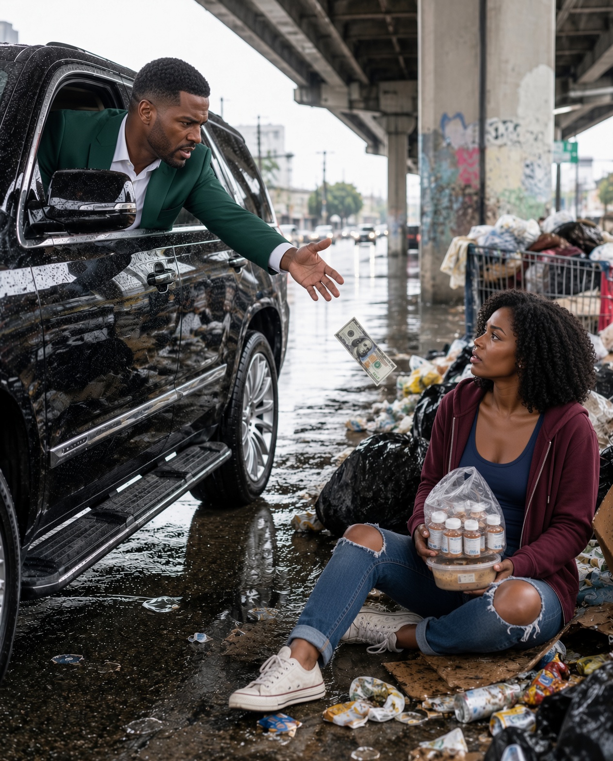 I found my ex-wife picking up trash under a bridge and thought that life had finally punished her. I tossed $100 at her from my car and asked, “Did the millionaire trade you in for someone else?”