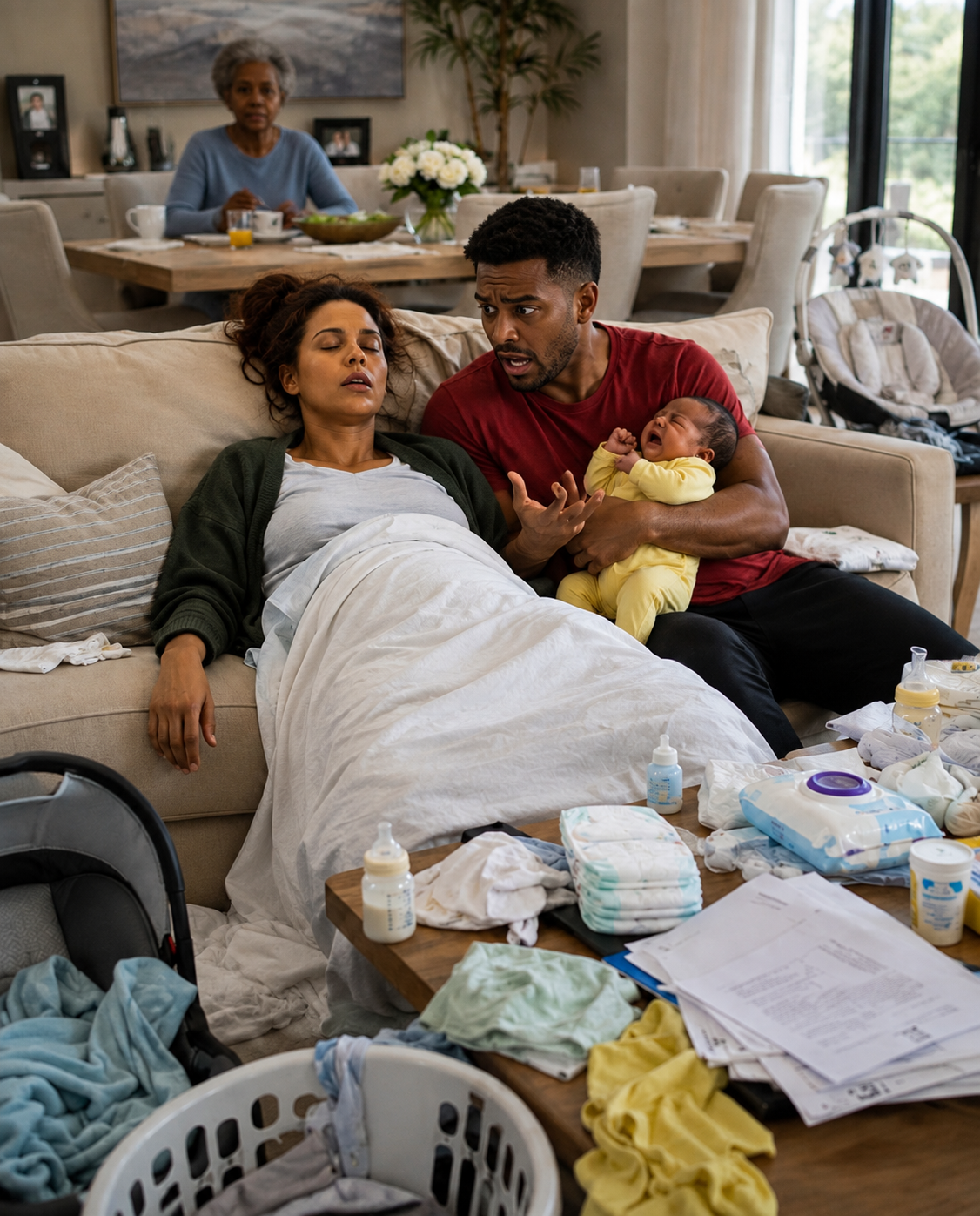 I arrived home much earlier than planned and discovered my wife unconscious on the sofa while my mother sat nearby, calmly eating the meal she had pressured her into cooking. Our newborn son was screaming desperately, yet Mom ignored him completely.